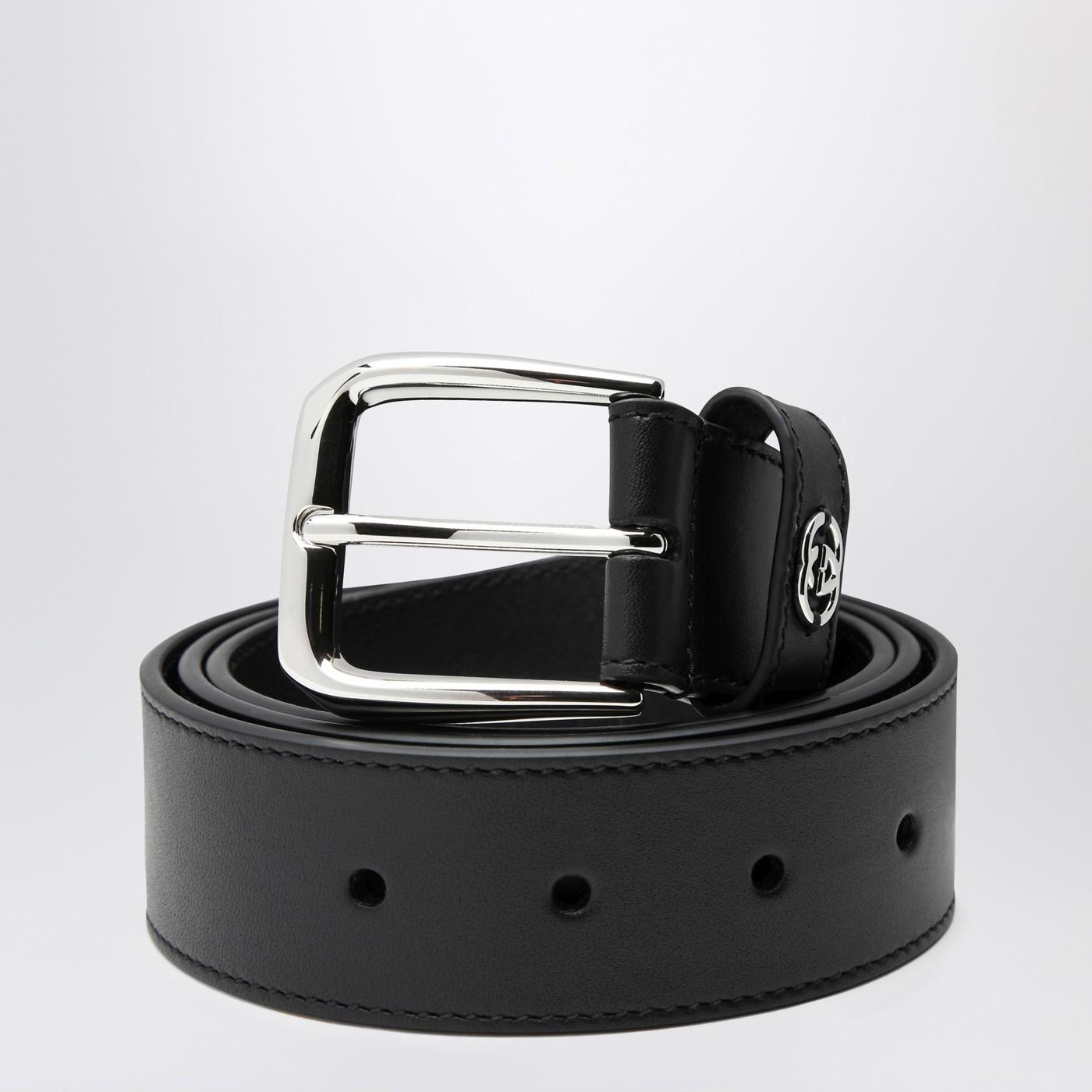 Black Leather Belt With Gg Crossover Detail