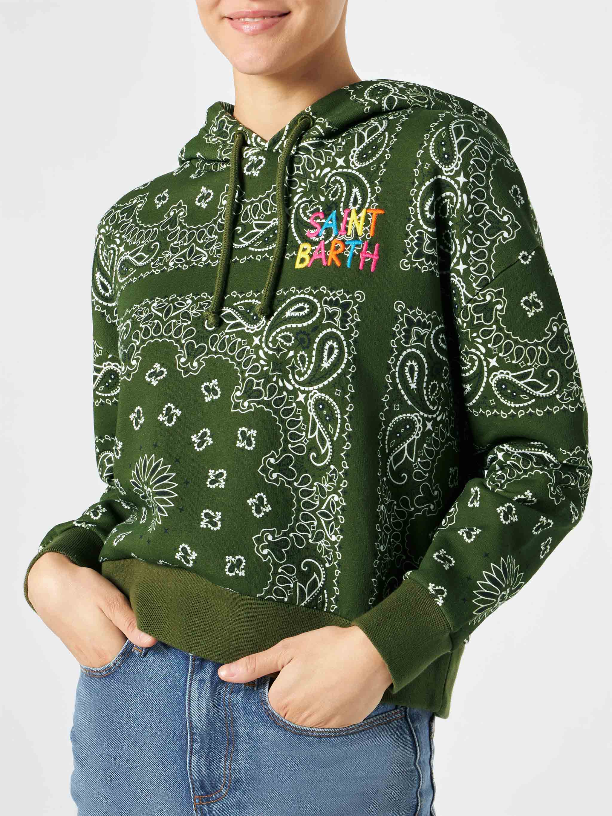 Woman Hooded Fleece Sweatshirt With Bandanna Print