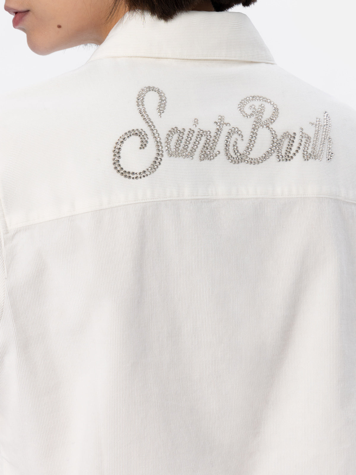 Mc2 Saint Barth Woman Off-white Corduroy-like Shirt Deer With St. Barth Rhinestones Logo In White