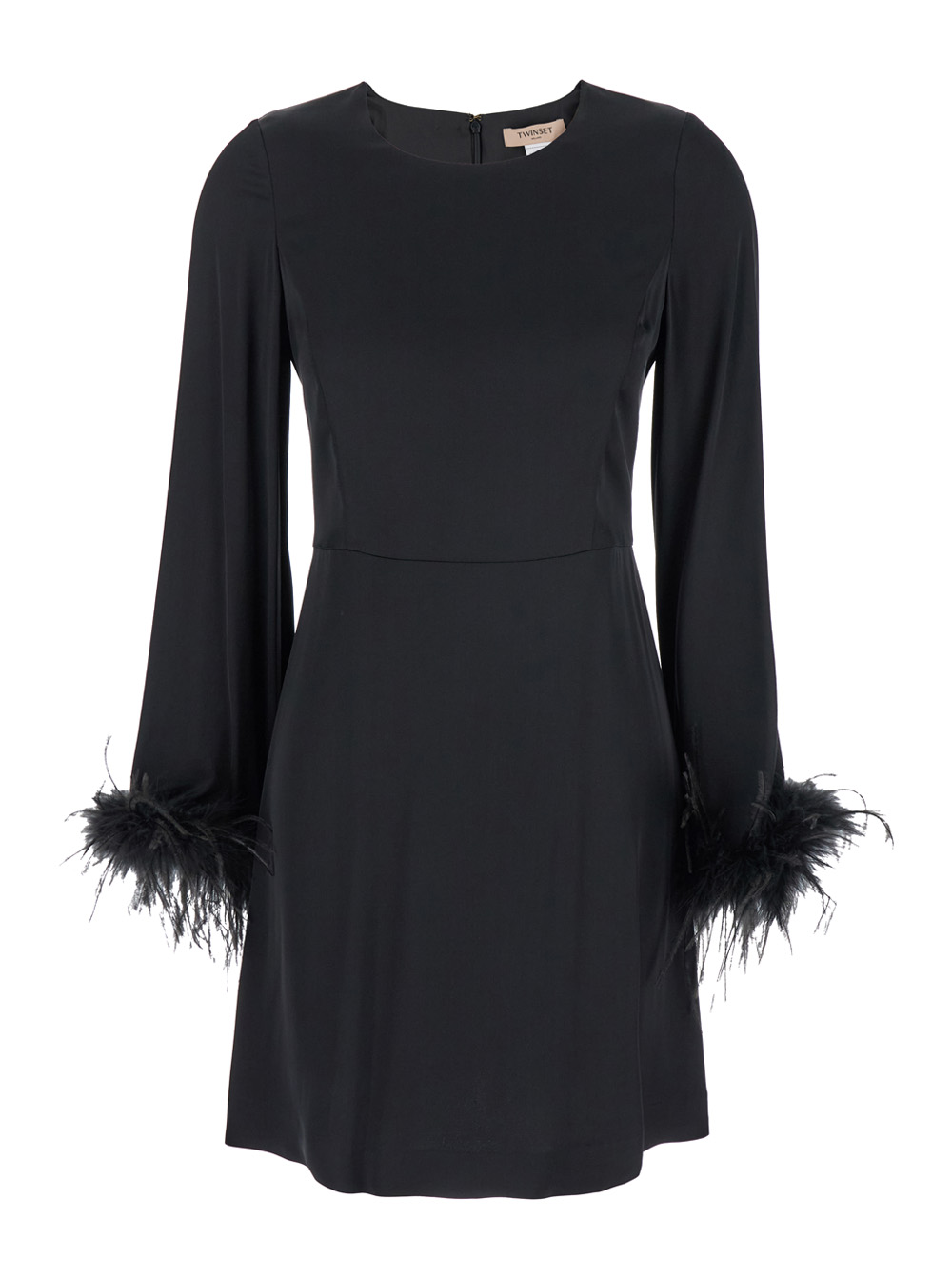 Shop Twinset Black Crewneck Dress With Feathered Cuffs In Viscose Woman In Nero