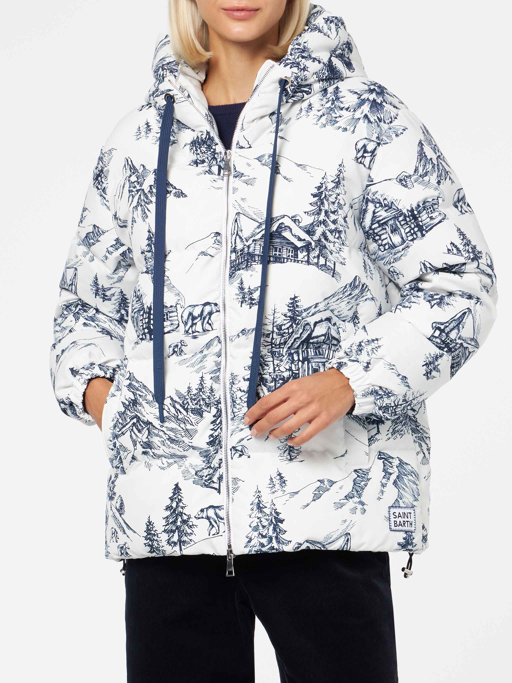 Woman Hooded Down Padded Jacket With Toile De Jouy Print