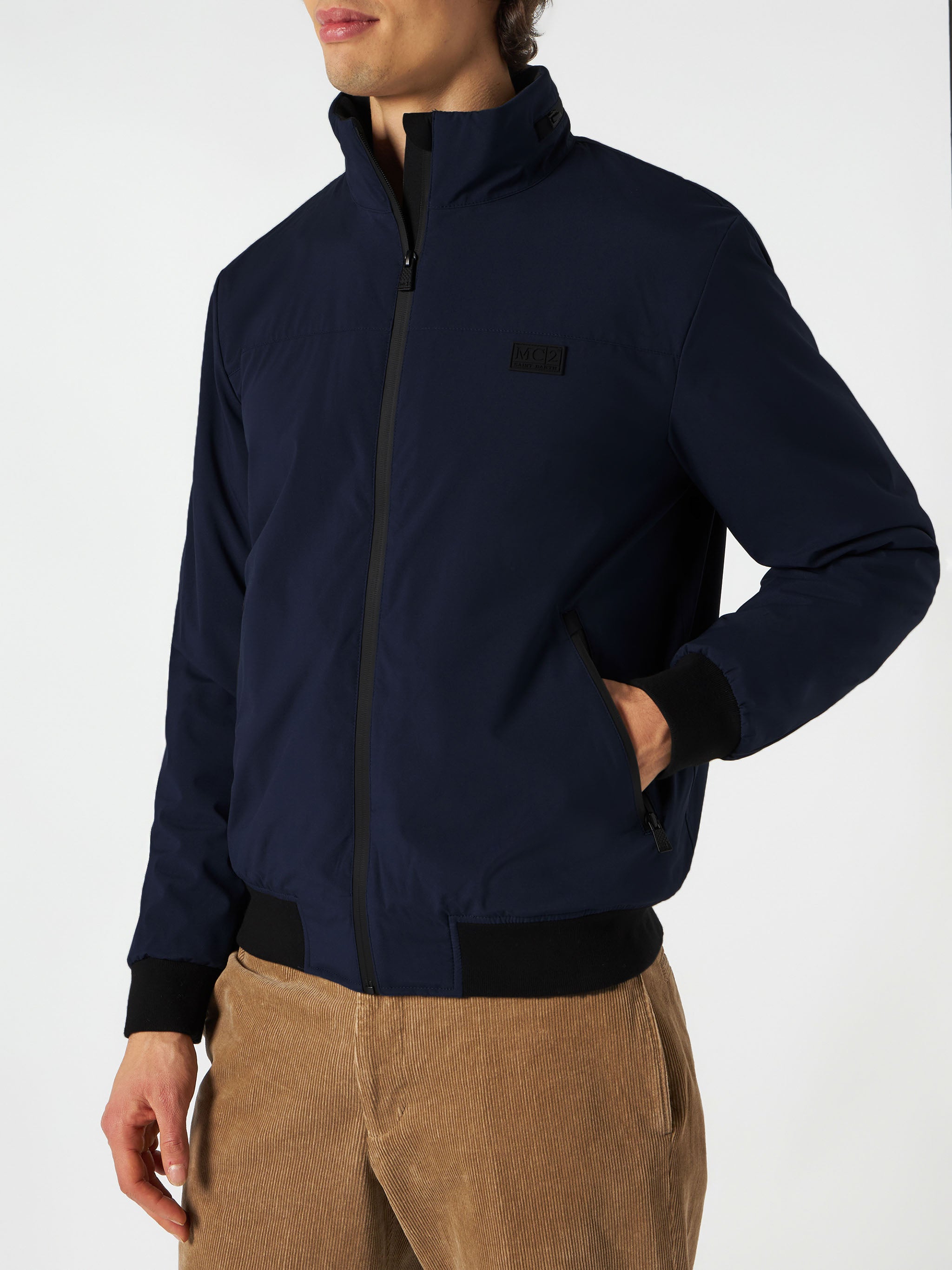 Man Blue Bomber Jacket With Sherpa Lining