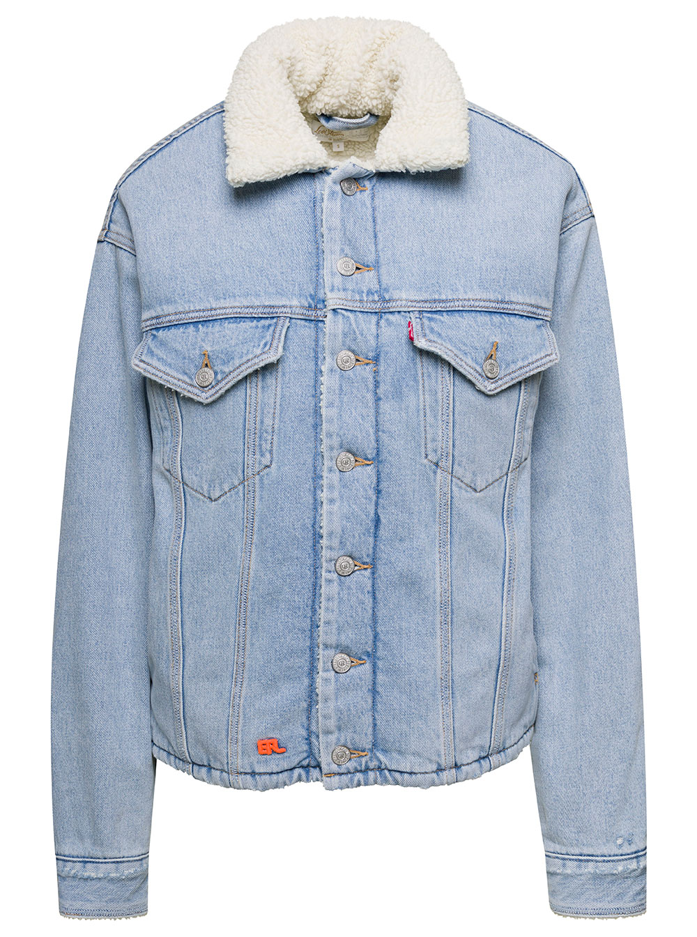 sherpa Trucker Light Blue Jacket With Logo Patch In Cotton Denim Erl X Levis