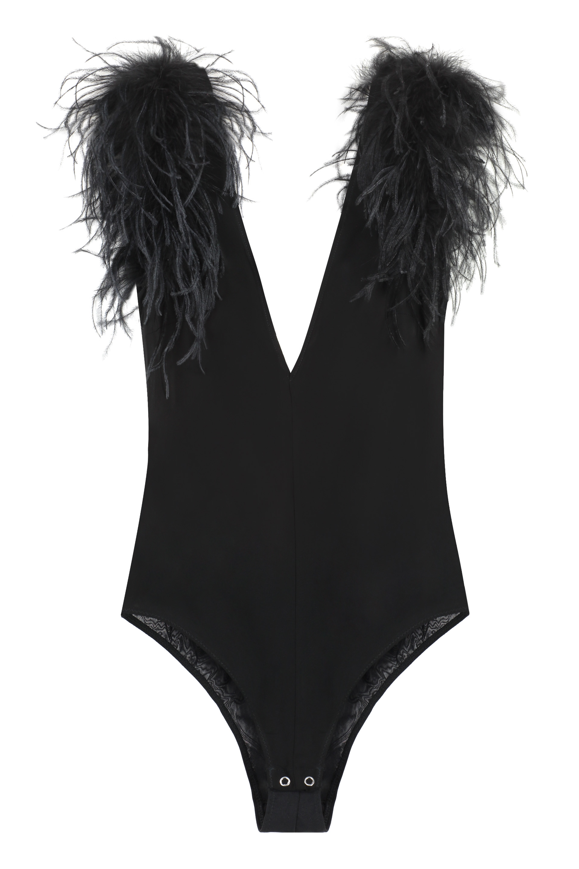 Stretch Nylon Bodysuit With Feathers