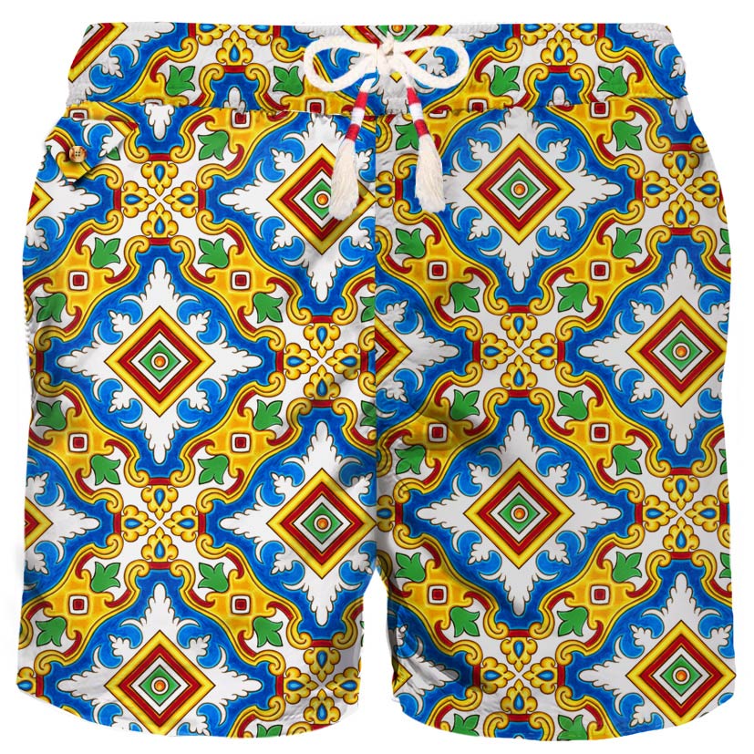 Man Light Fabric Swim Shorts With Majolica Print