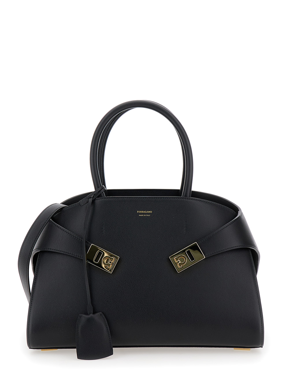 hug M Black Handbag With Logo And Gancini Buckle In Leather Woman