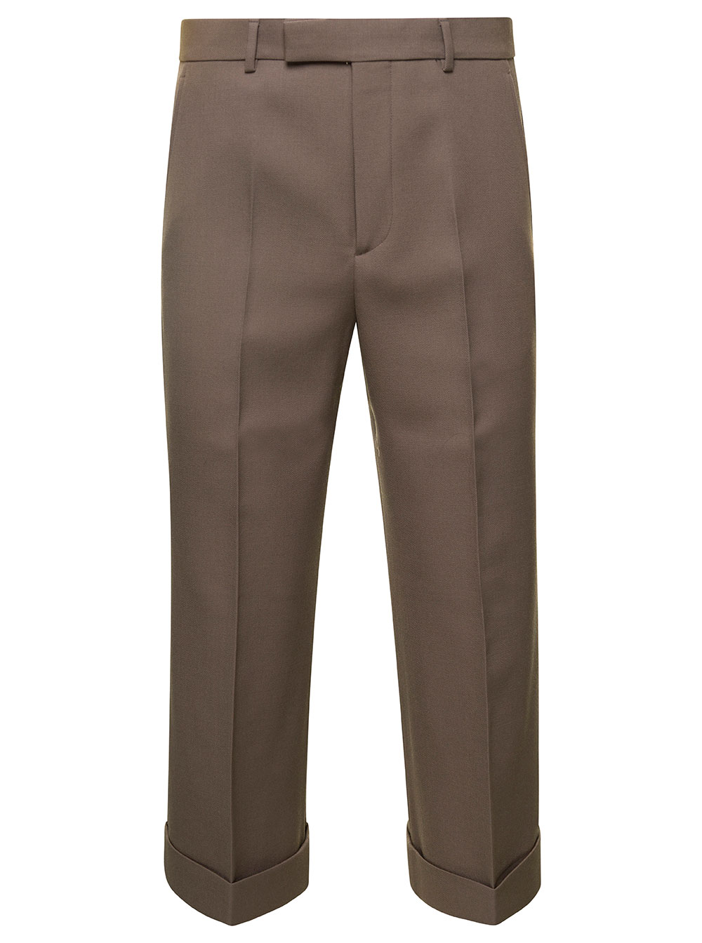 Beige Textured Gabardine Cropped Trousers In Wool Man