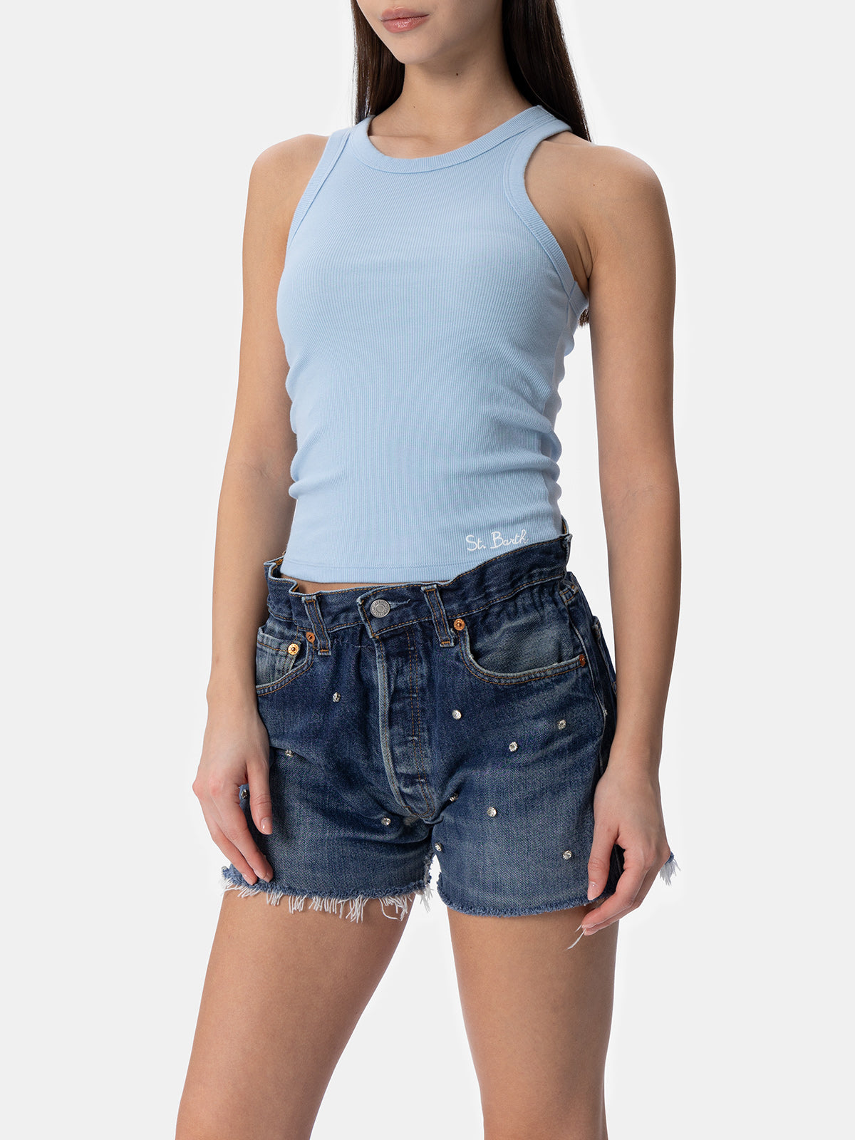 Woman Rib-knit Light Blue Cotton Tank Top Ada