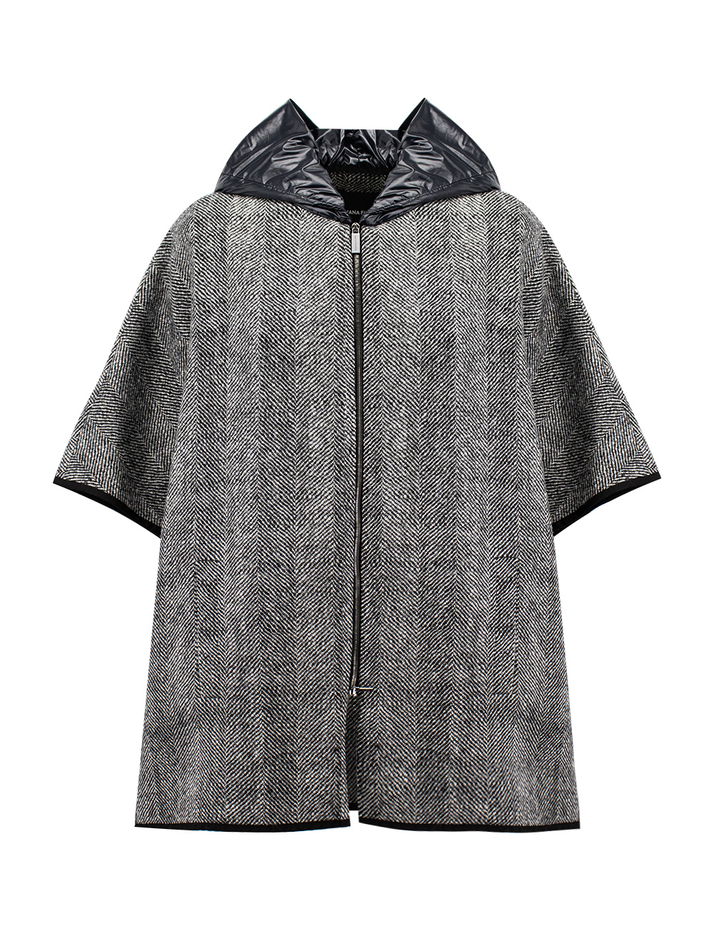 Grey Cape With Padded Hood And Herringbone Motif In Wool Woman