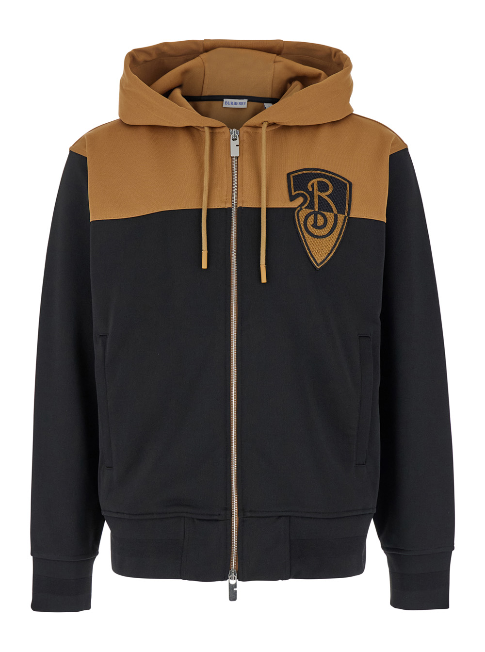 Black And Beige Hoodie With Logo Patch On The Front In Tech Fabric Stretch Man