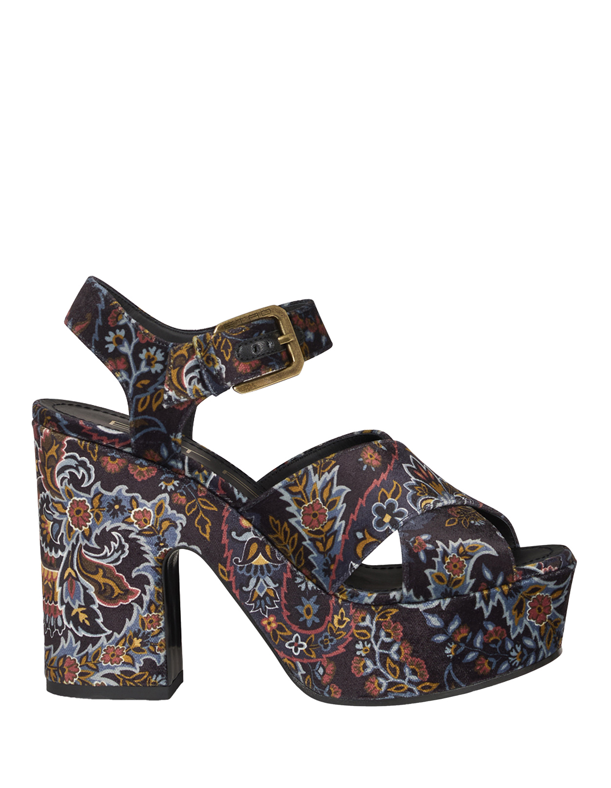 Printed Black Velvet Platform Sandals