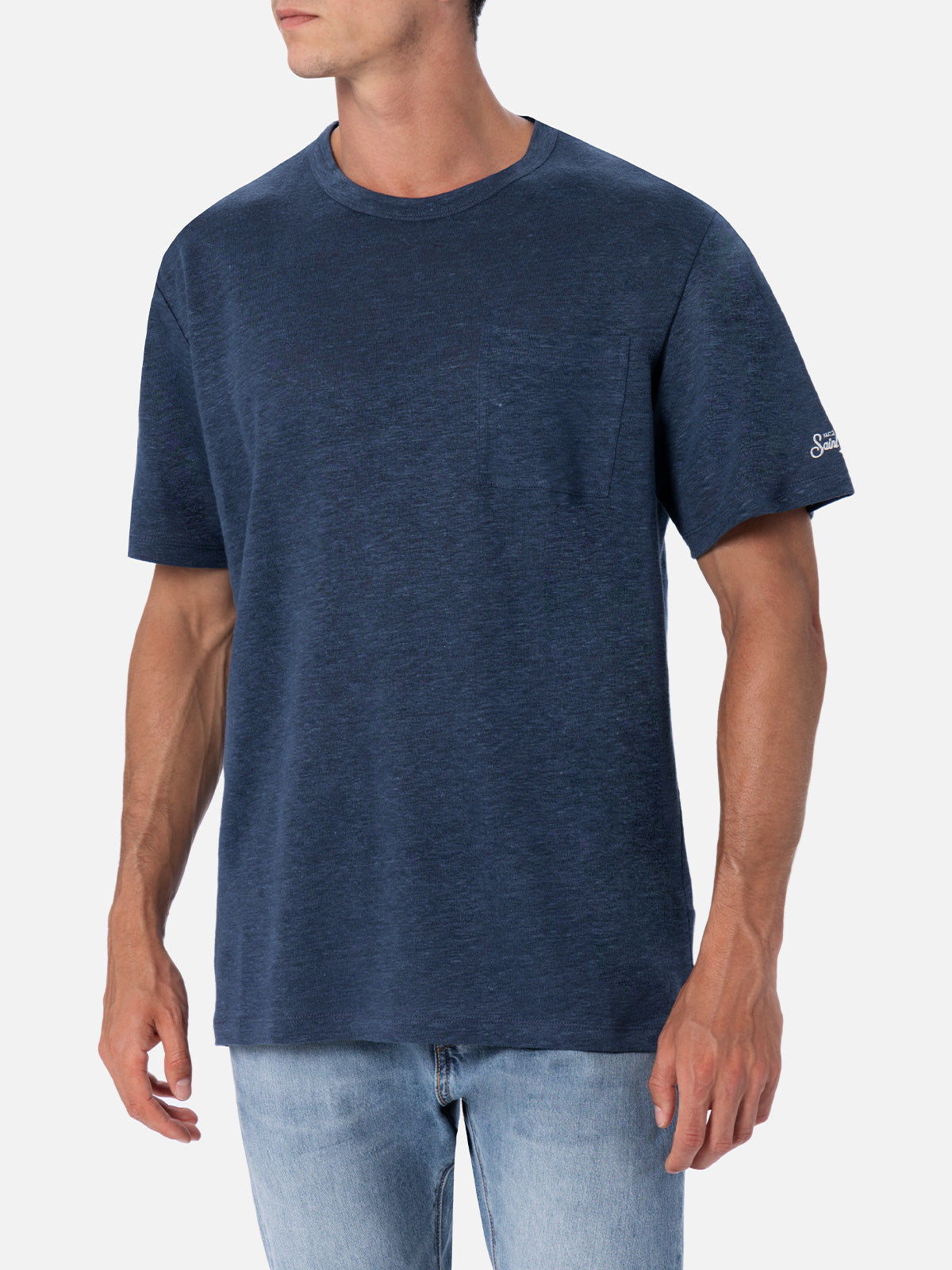 Man Navy Blue Linen Jersey T-shirt Ecstasea With Pocket