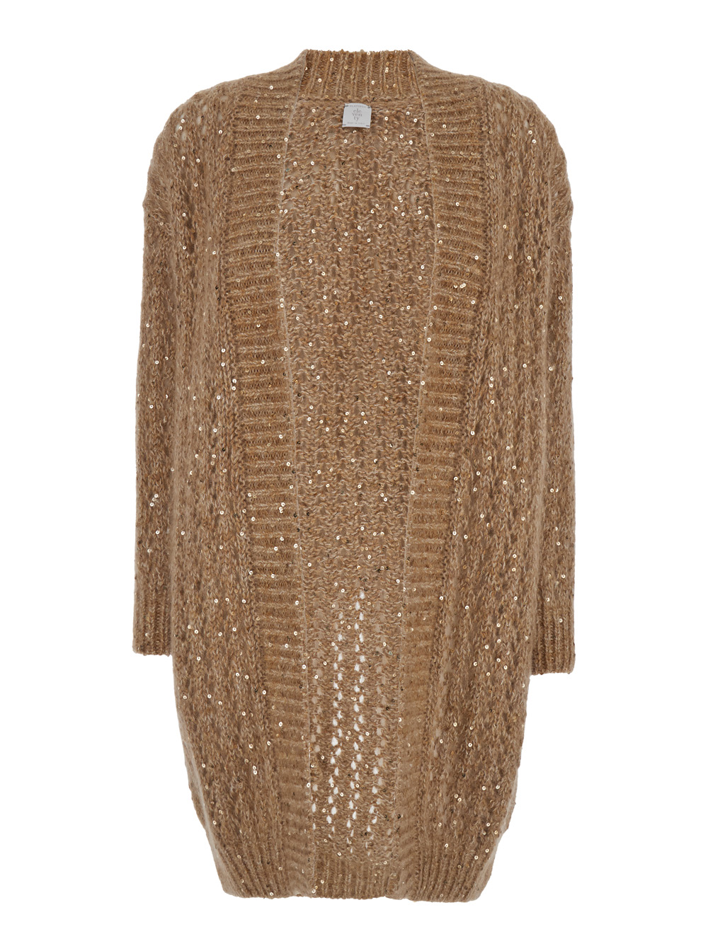 Long Beige Cardigan With All-over Sequins In Cotton And Mohair Woman