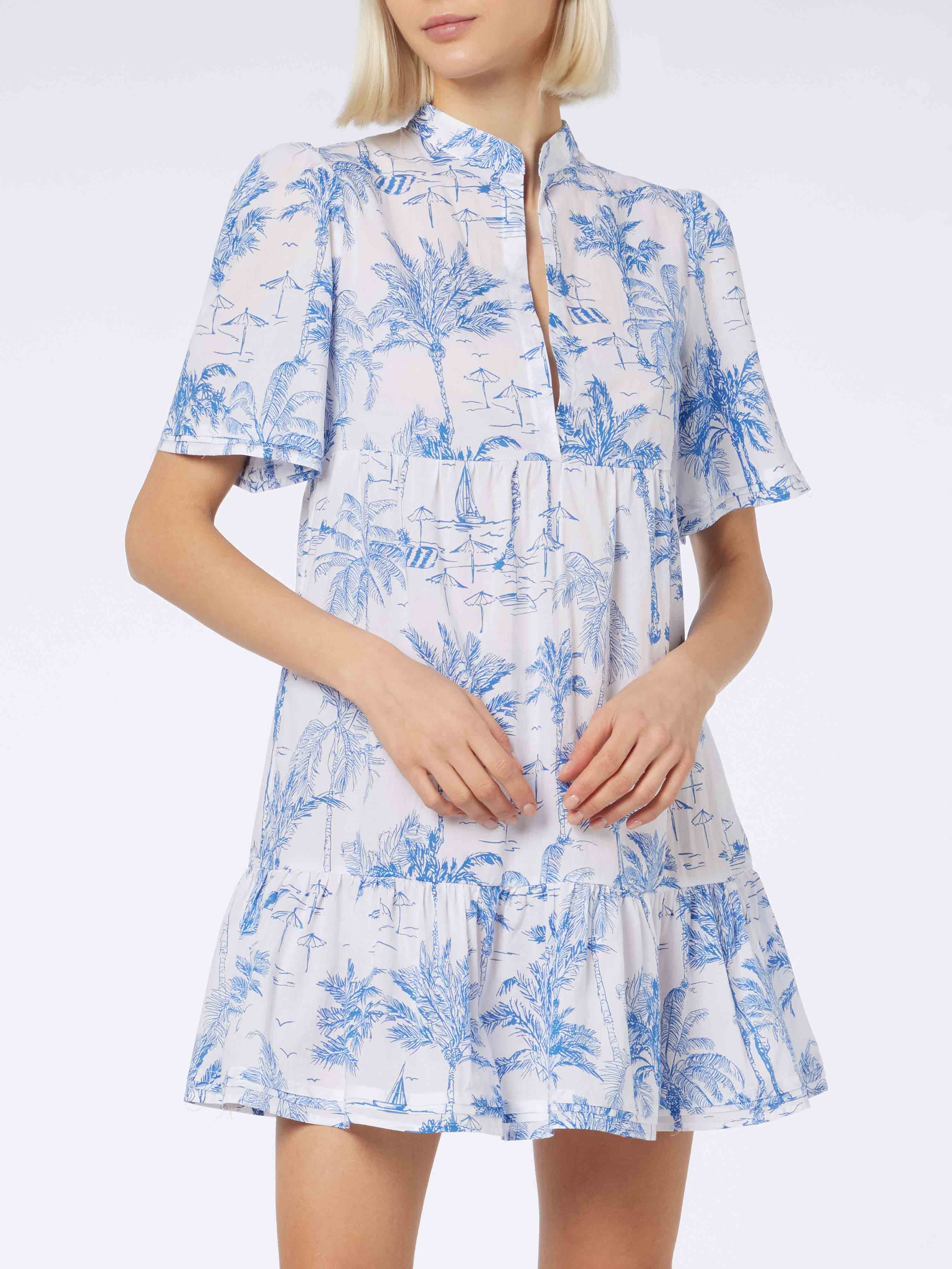 Woman Cotton Voile Short Dress Siara With Toile De Jouy Print