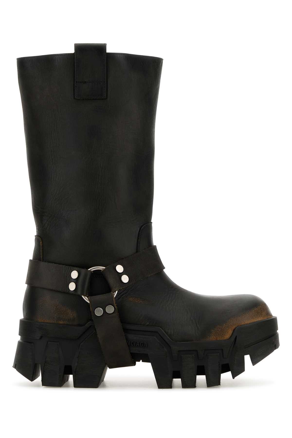 Black Leather Bulldozer Harness Ankle Boots