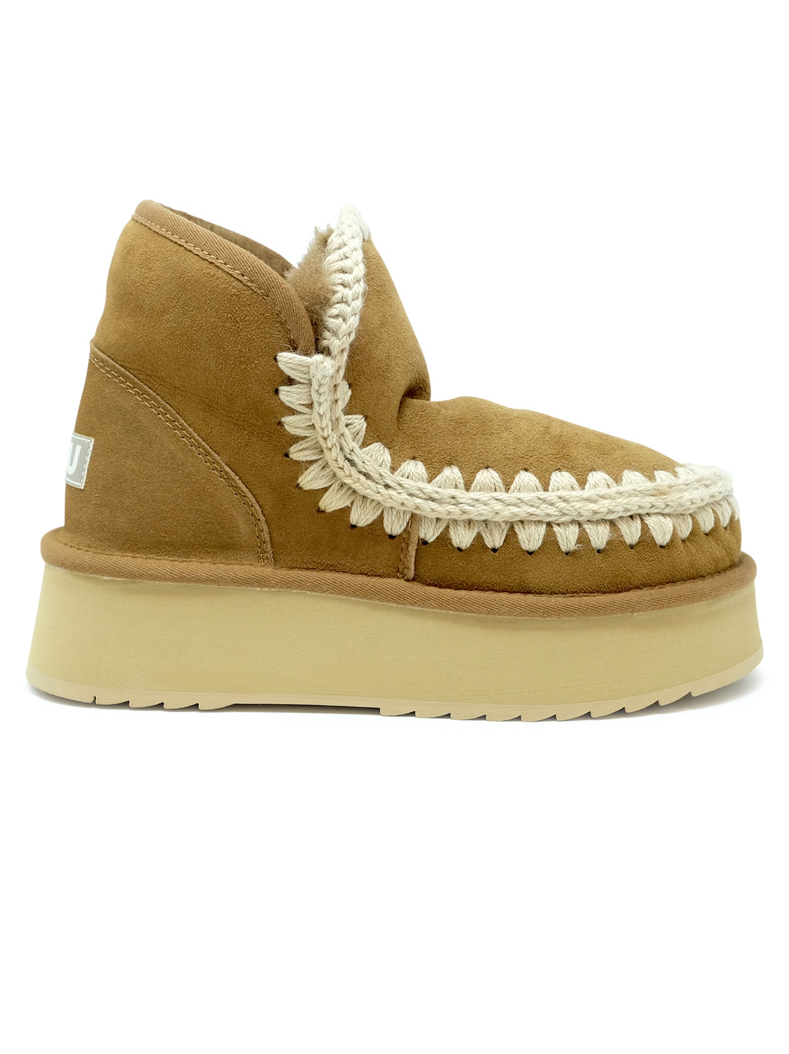 Mou Cognac Mini Eskimo Leather Wool Rubber Platform Boot In Cognac