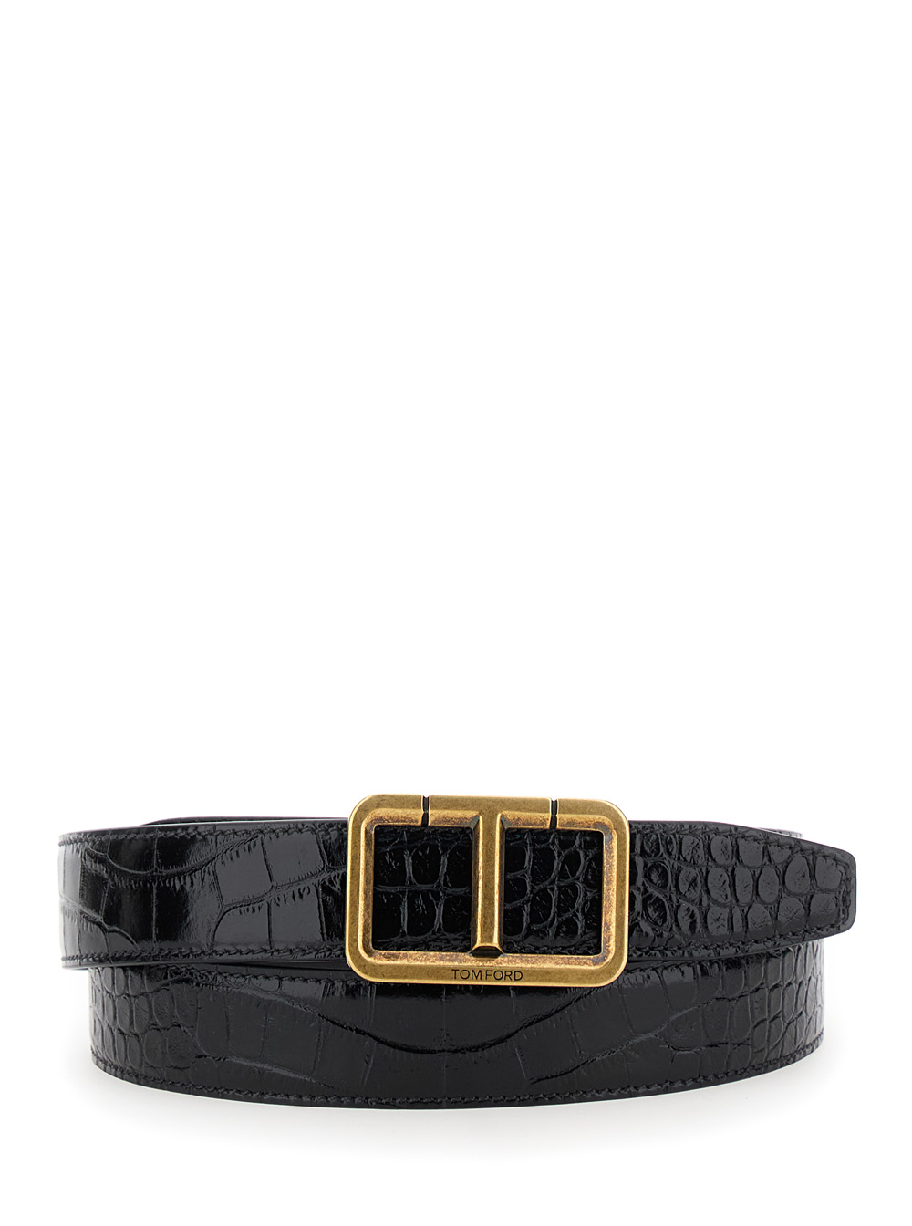 score T Black Belt With Logo Plate And Croco Effect In Leather Man