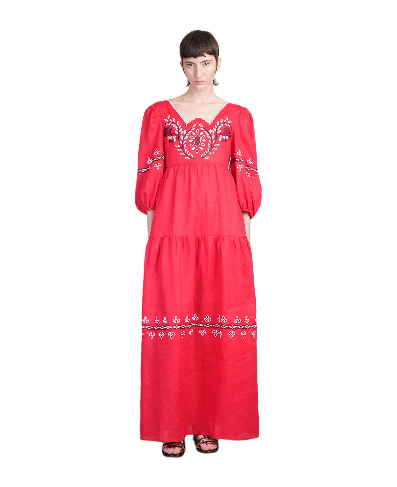 Holy Caftan Adelasia Long Dress In Red Linen - red