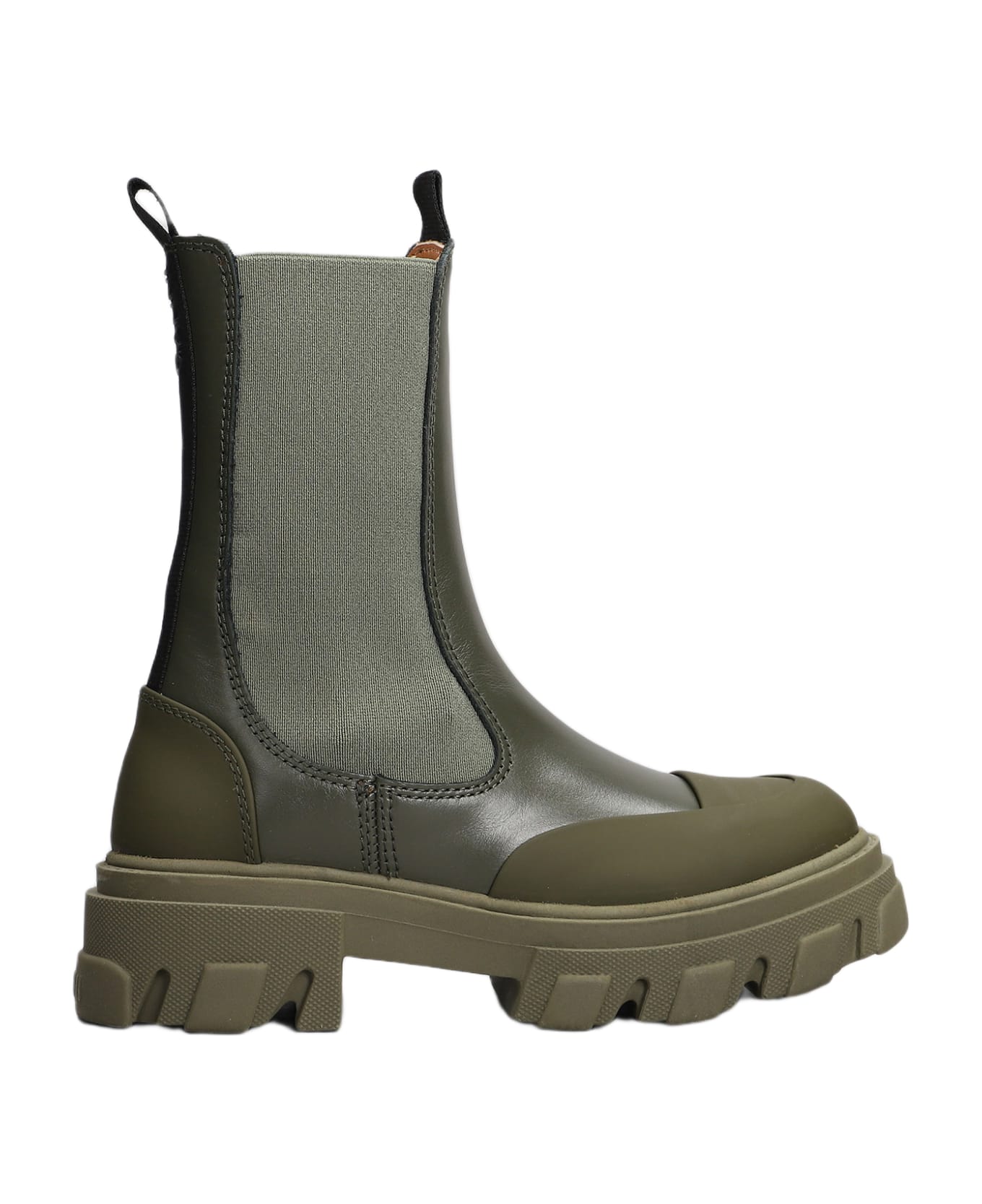 Ganni Combat Boots In Green Leather - Verde
