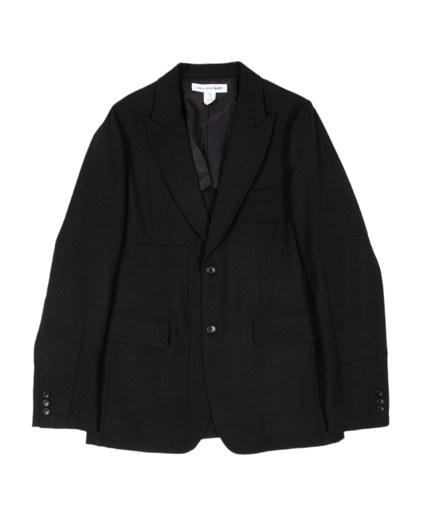 Comme des Garçons Shirt Mens Jacket Woven Black wool patchwork blazer with peak lapel - Nero