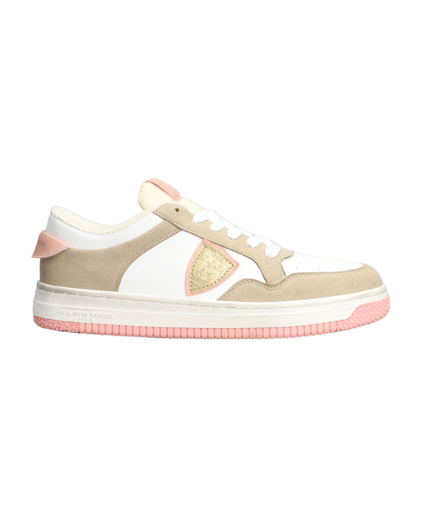 Philippe Model Lyon Sneakers In White Suede And Leather - Blanc/rose