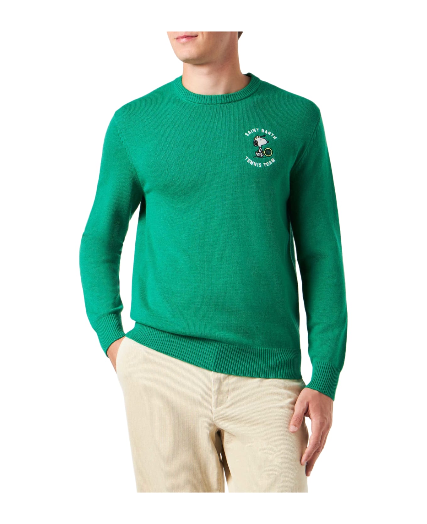 MC2 Saint Barth Man Crewneck Sweater With Snoopy Tennis Jacquard | Snoopy - ©peanuts Special Edition - GREEN