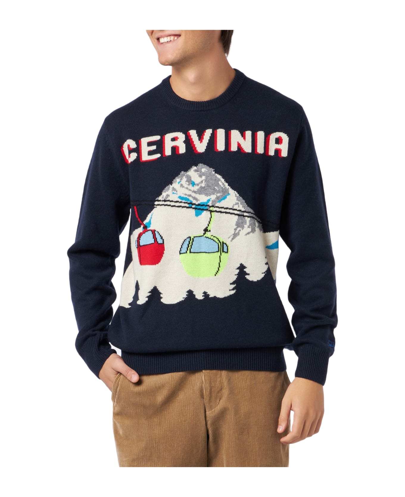 MC2 Saint Barth Man Crewneck Sweater With Cervinia Postcard Jacquard - BLUE