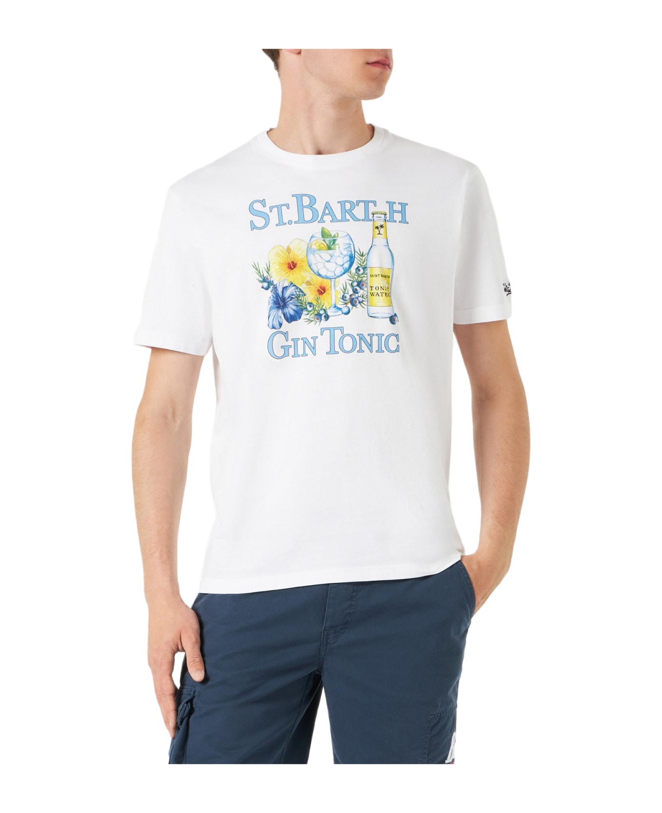 MC2 Saint Barth Man Cotton T-shirt With St.barth Gin Tonic Print - WHITE