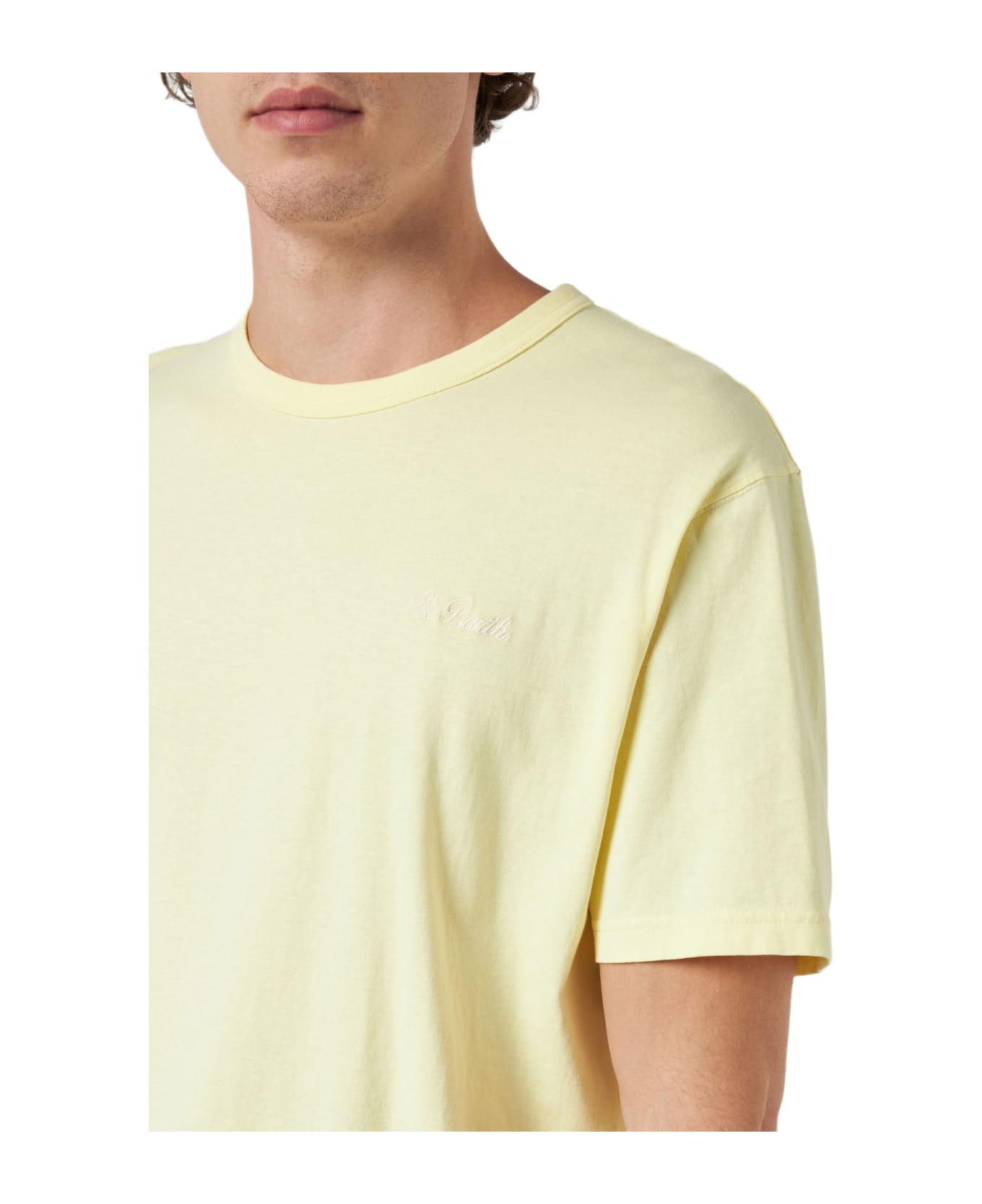 MC2 Saint Barth Man Pale Yellow Cotton Jersey T-shirt Dover With St. Barth Embroidery - YELLOW