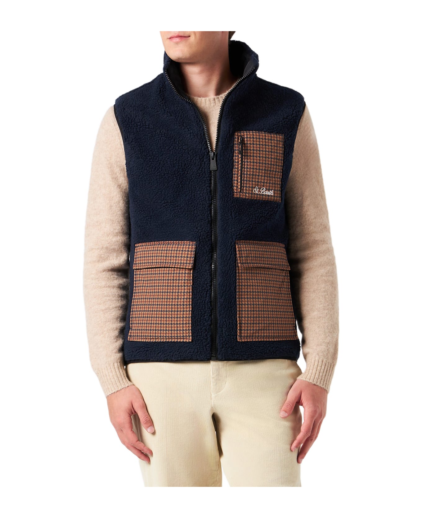 MC2 Saint Barth Man Blue Sherpa Vest Jacket With Check Patch Pockets - BLUE
