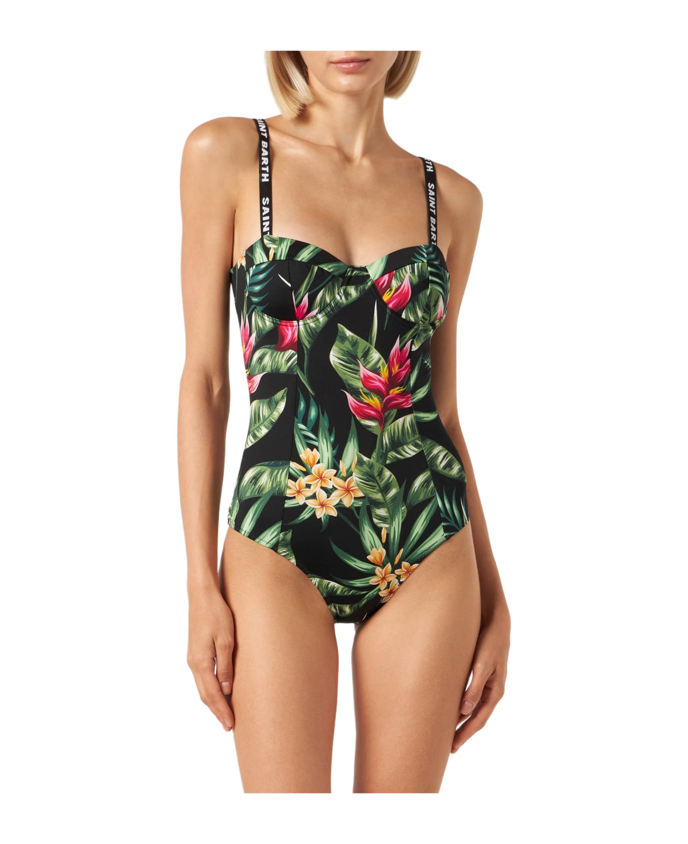 MC2 Saint Barth Woman One Piece Swimsuit With Tropical Print - BLACK
