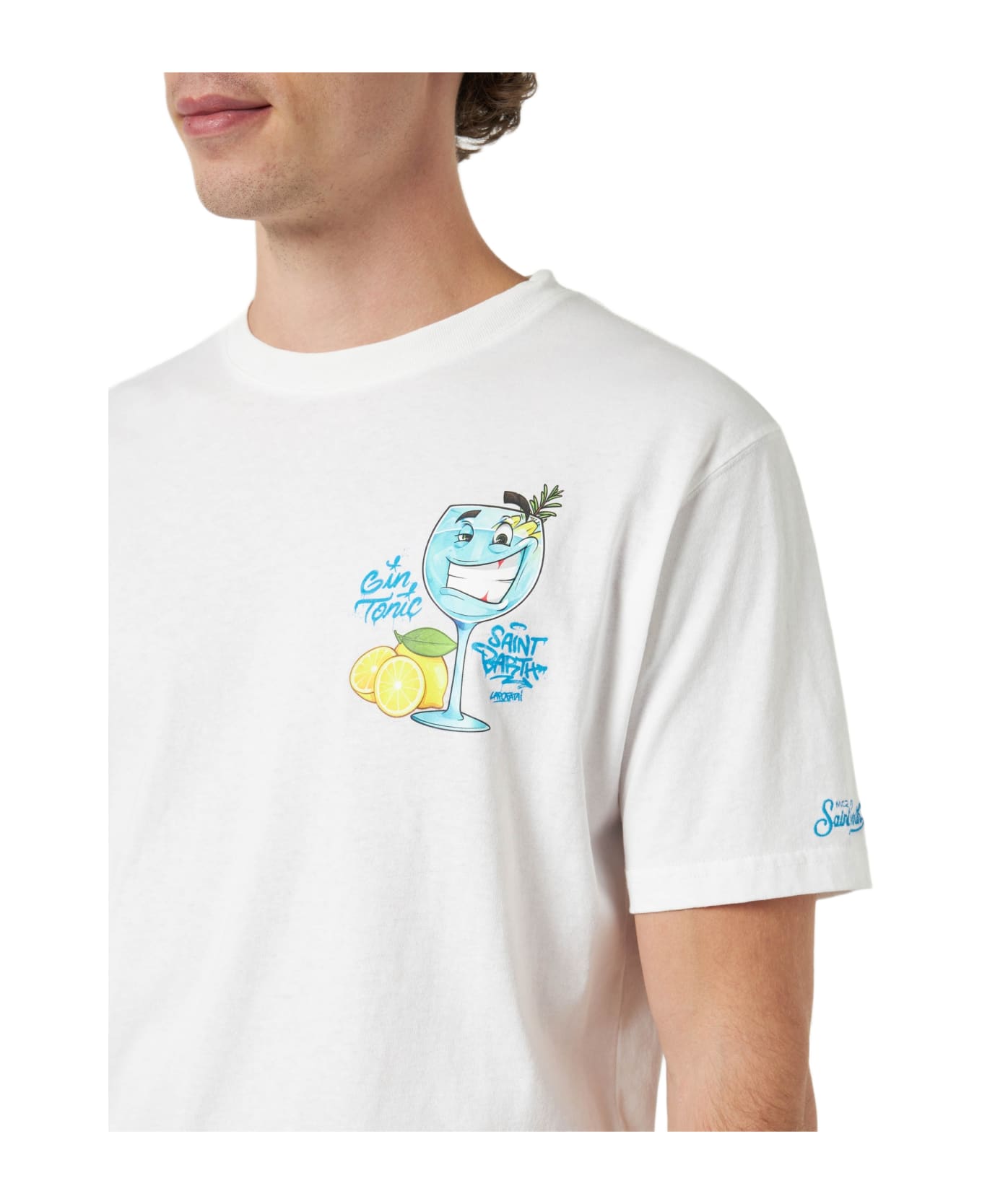 MC2 Saint Barth Man Cotton T-shirt With Cryptopuppets Gin Tonic Front And Back Placed Print | Cryptopuppets Special Edition - WHITE