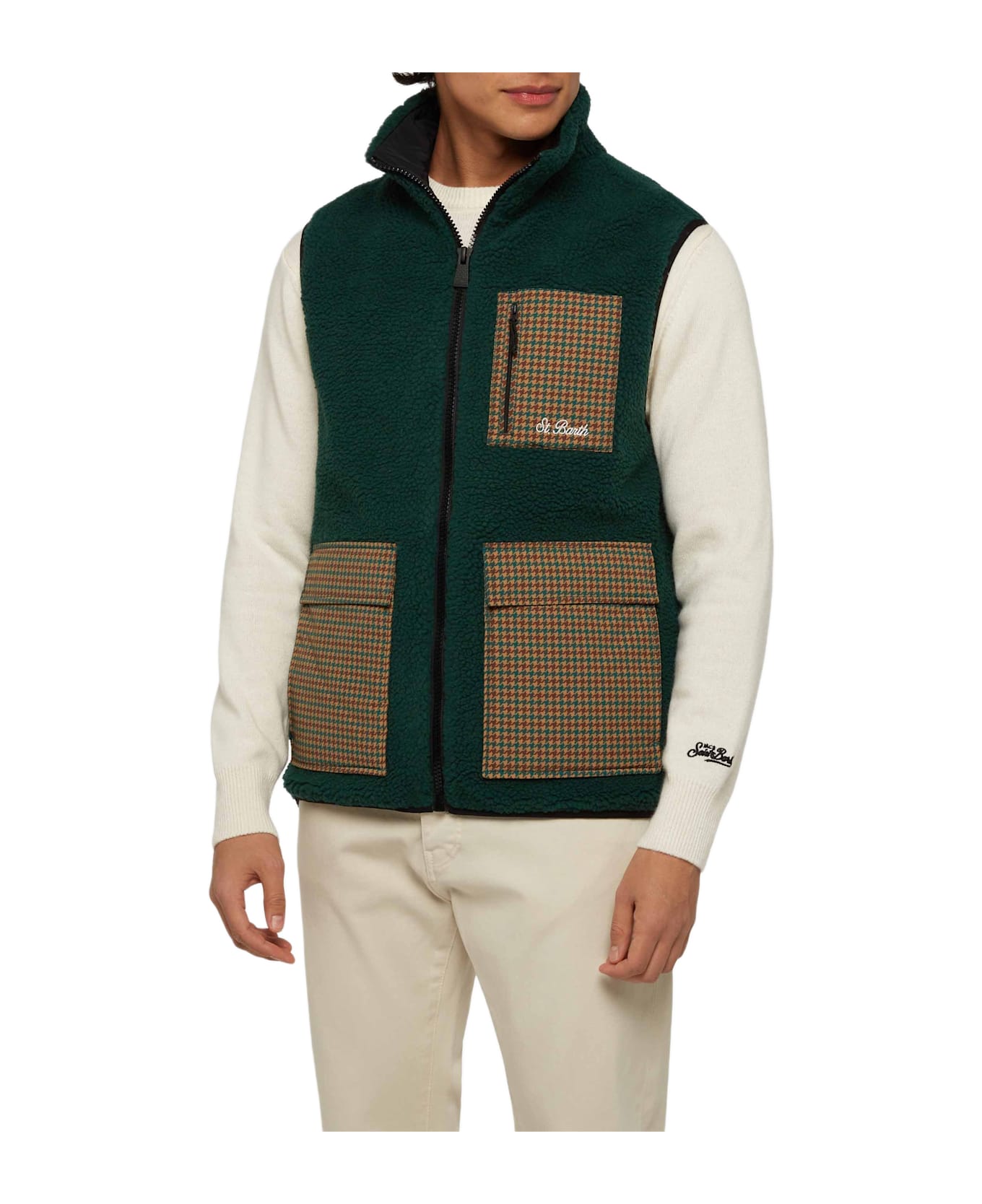 MC2 Saint Barth Man Teddy Vest Wanaka With Pied De Poul Print - GREEN