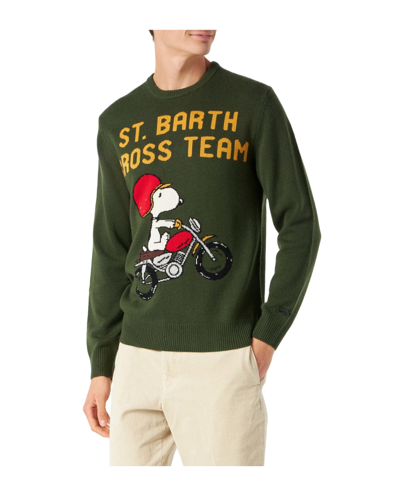 MC2 Saint Barth Man Military Green Sweater With Snoopy Print | Peanuts Special Edition