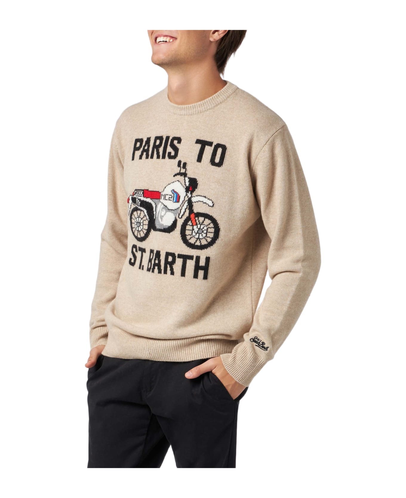MC2 Saint Barth Man Sweater With Paris To St.barth Front Print - BEIGE