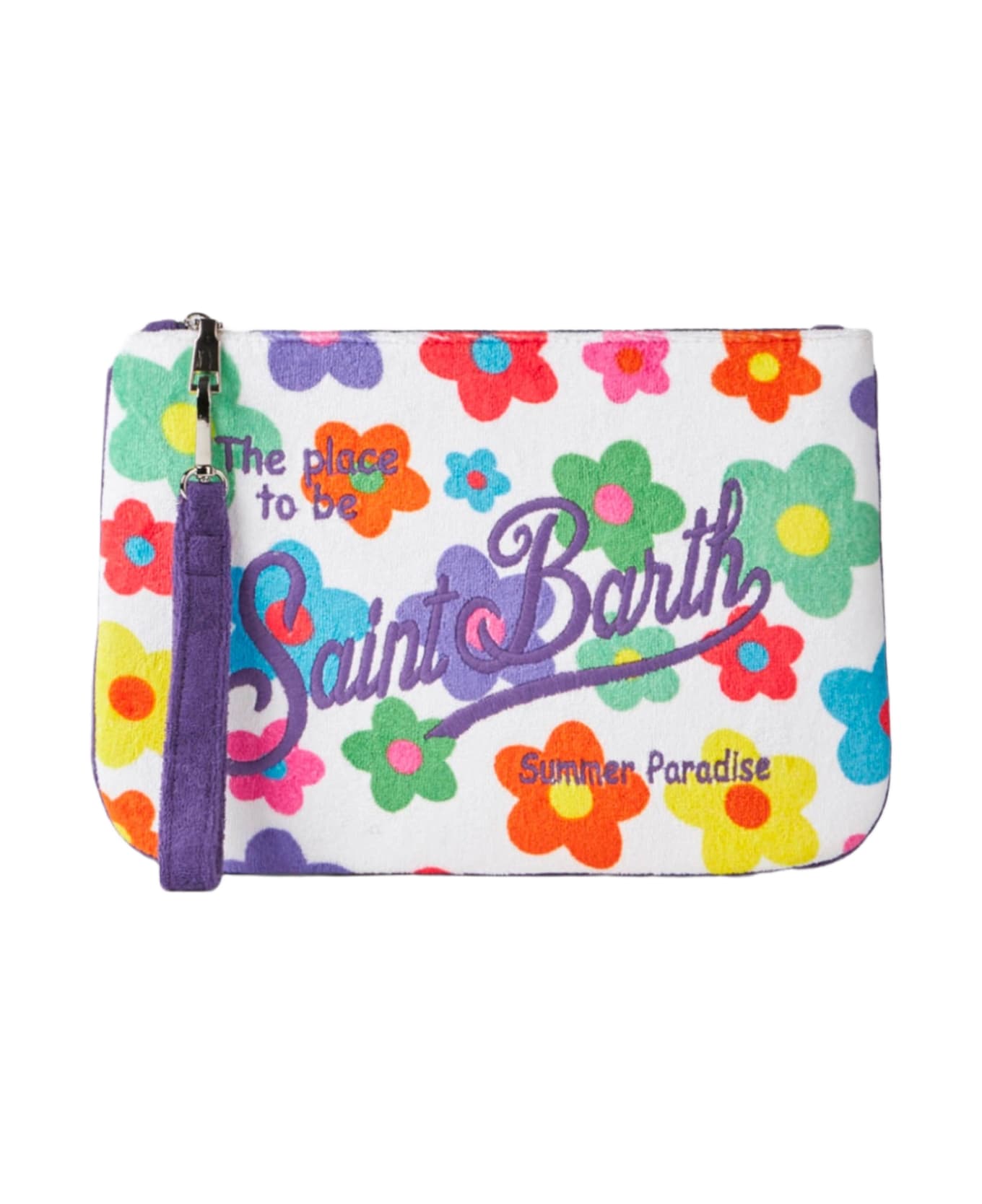 MC2 Saint Barth Parisienne Terry Pouch Bag With Multicolor Daisy Print - WHITE