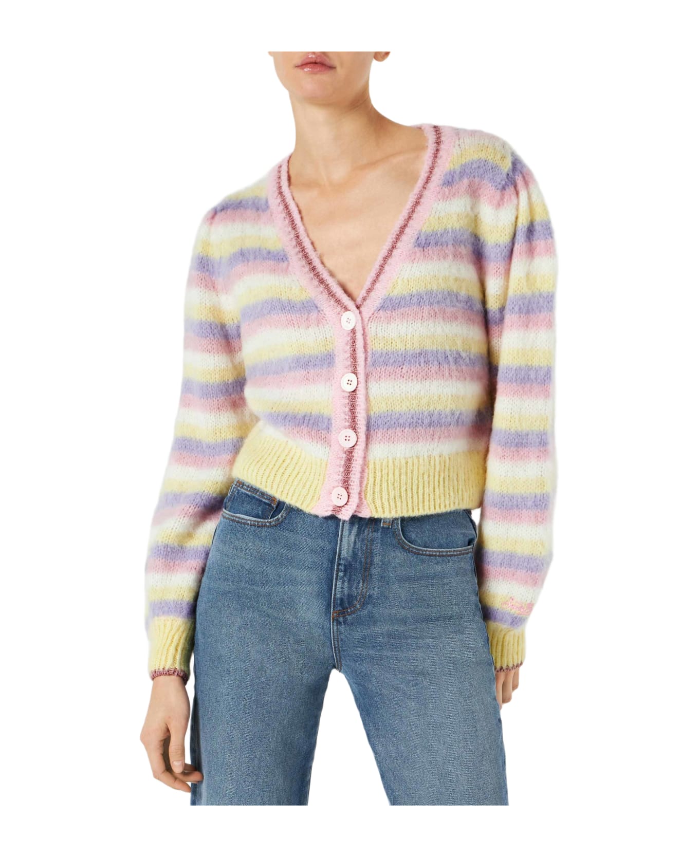 MC2 Saint Barth Brushed Knit Crop Cardigan With Puff Sleeves And Lurex Details - MULTICOLOR