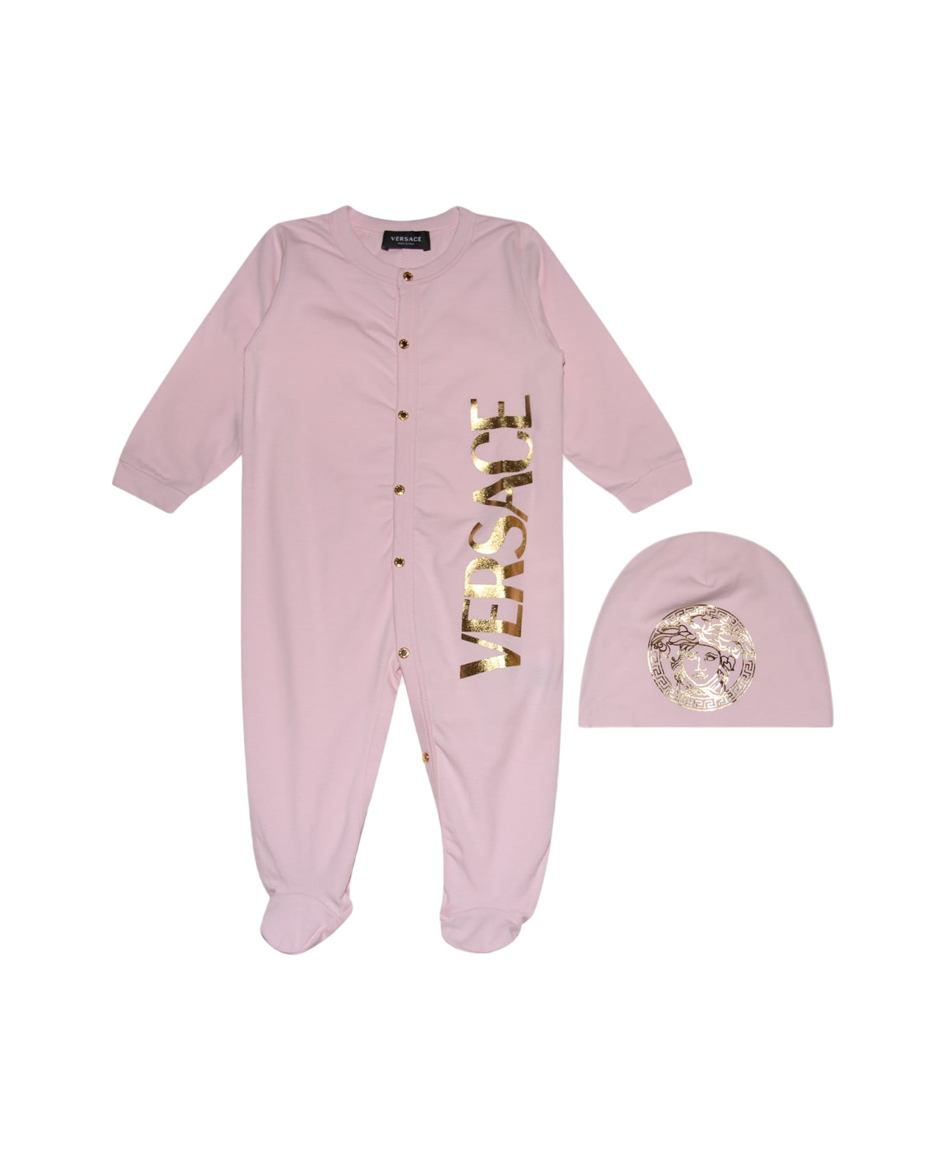 Versace Baby Pink And Gold Cotton Jumpsuit - BABY PINK/GOLD
