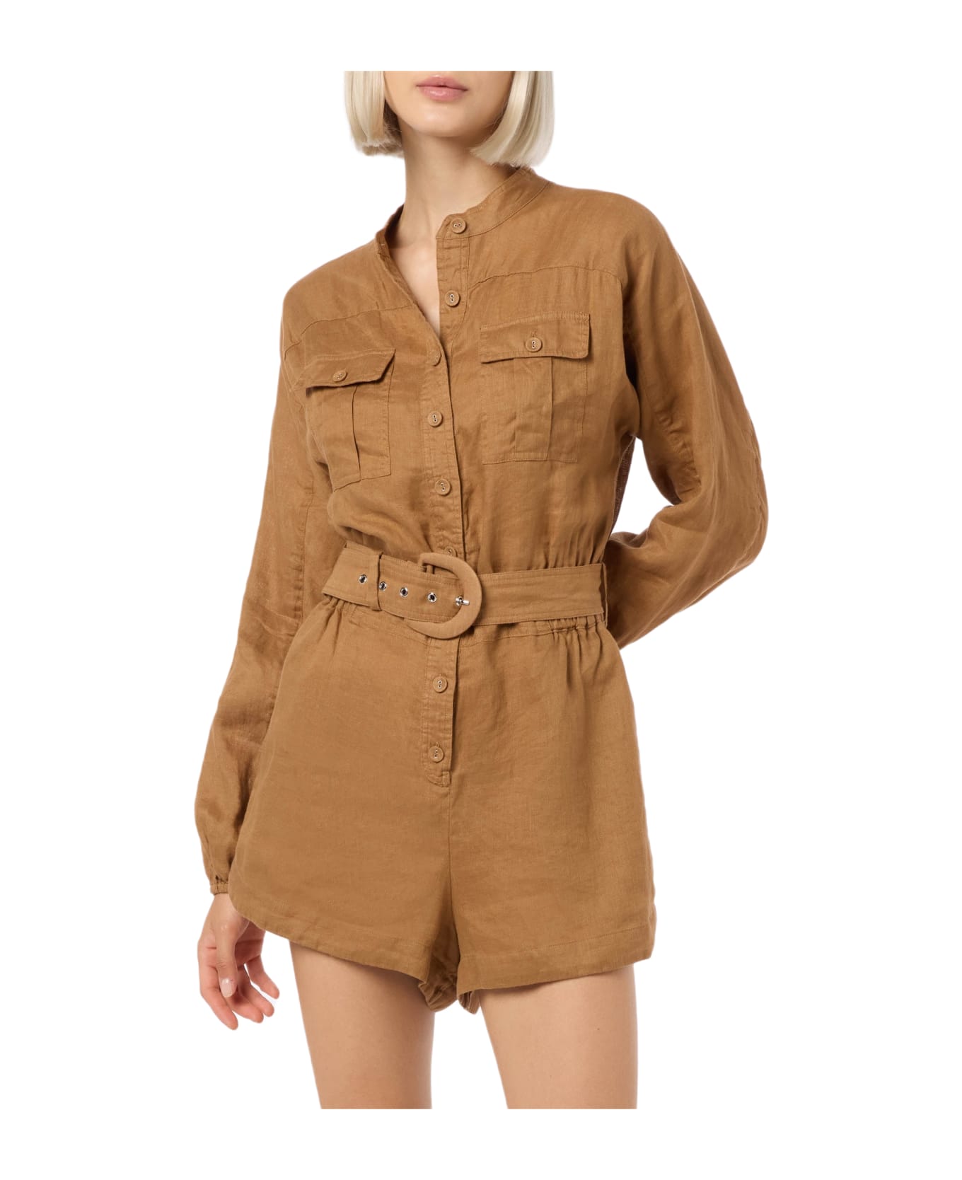 MC2 Saint Barth Woman Camel Linen Playsuit Hanniel - BROWN