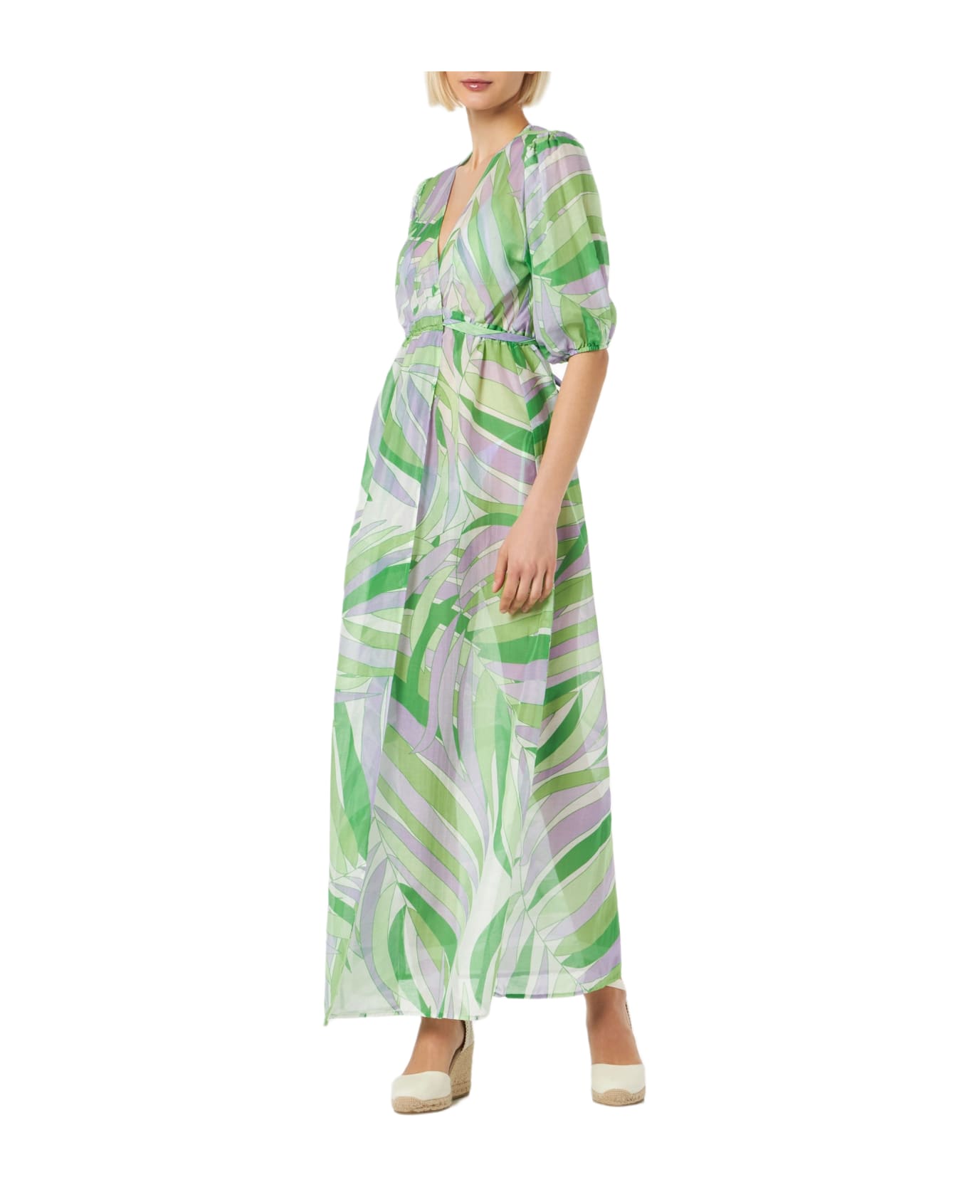 MC2 Saint Barth Cotton And Silk Long Dress Bliss With Palm Print - GREEN
