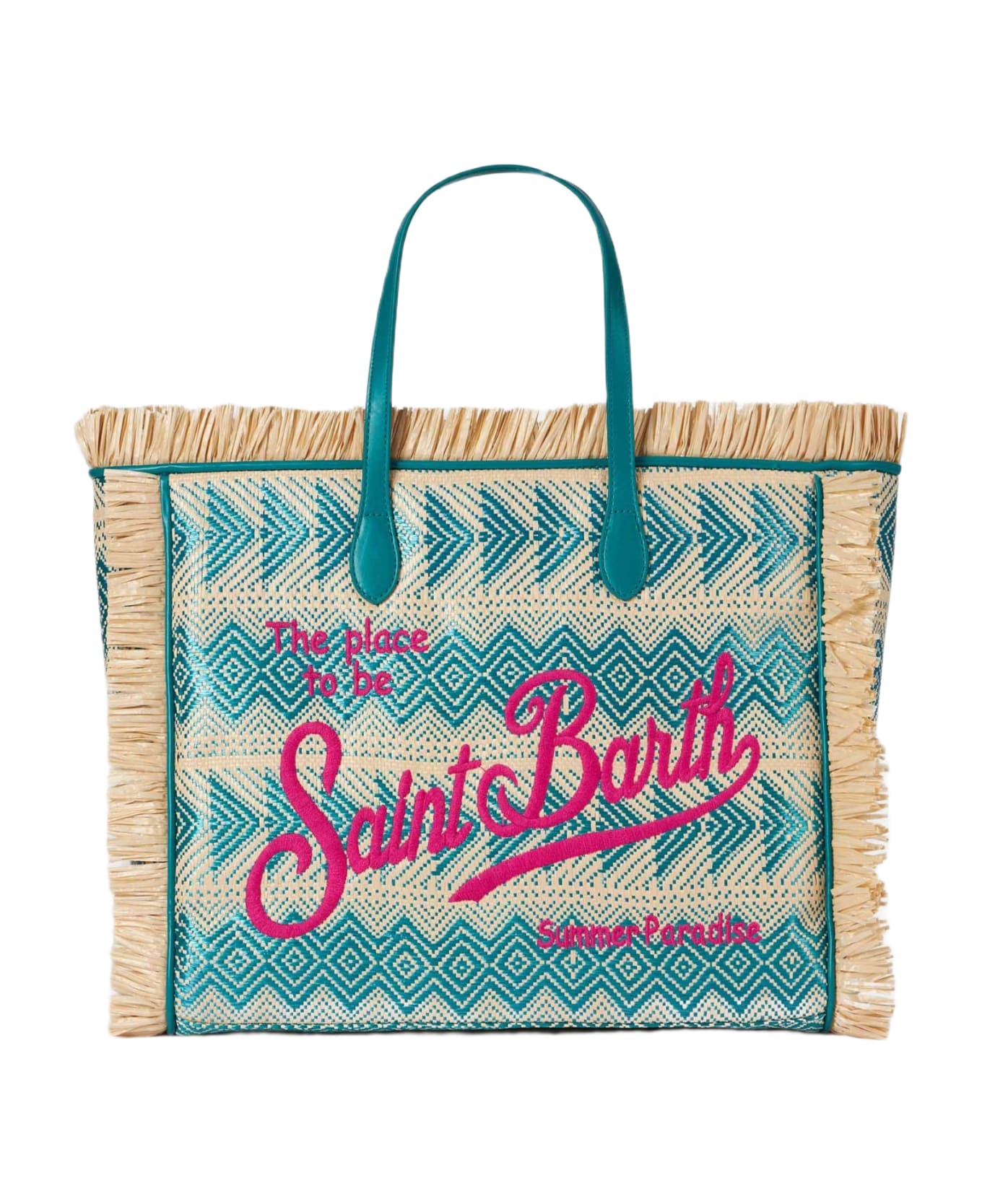MC2 Saint Barth Vanity Straw Bag With Embroidery And Geometric Pattern - SKY