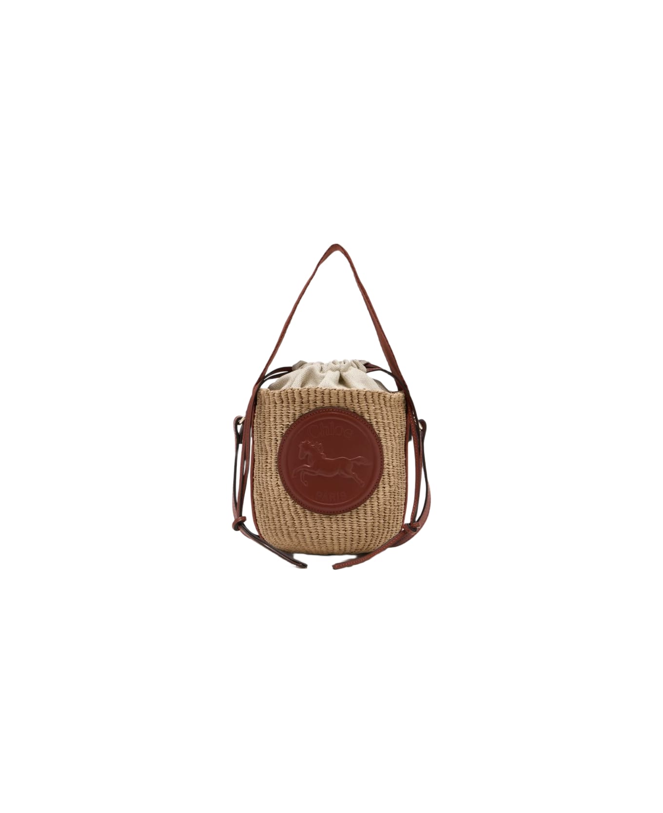 Chloé Small Horse Medal Bag Made Of Natural Fibers - Sepia Brown
