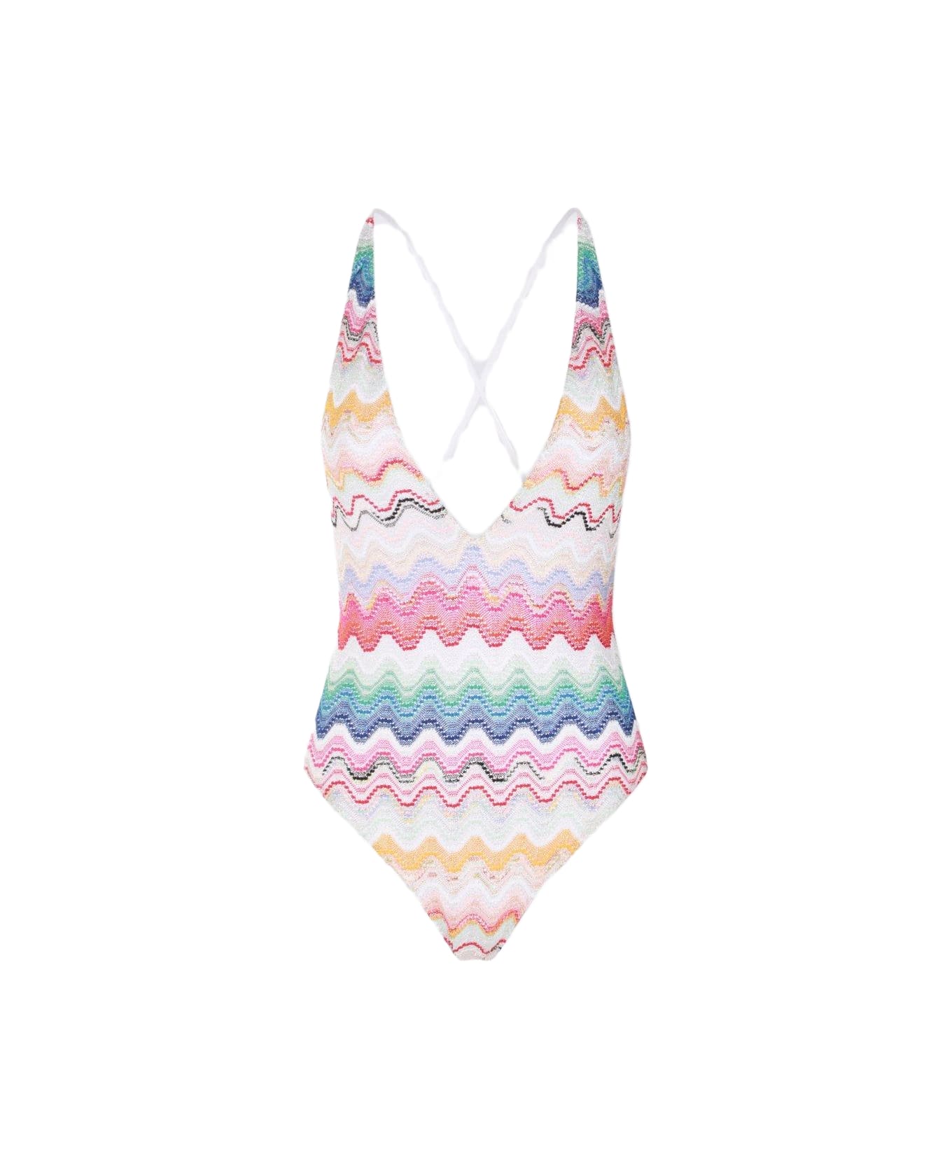 Missoni Wave-pattern V-neck High Cut Swimsuit - White