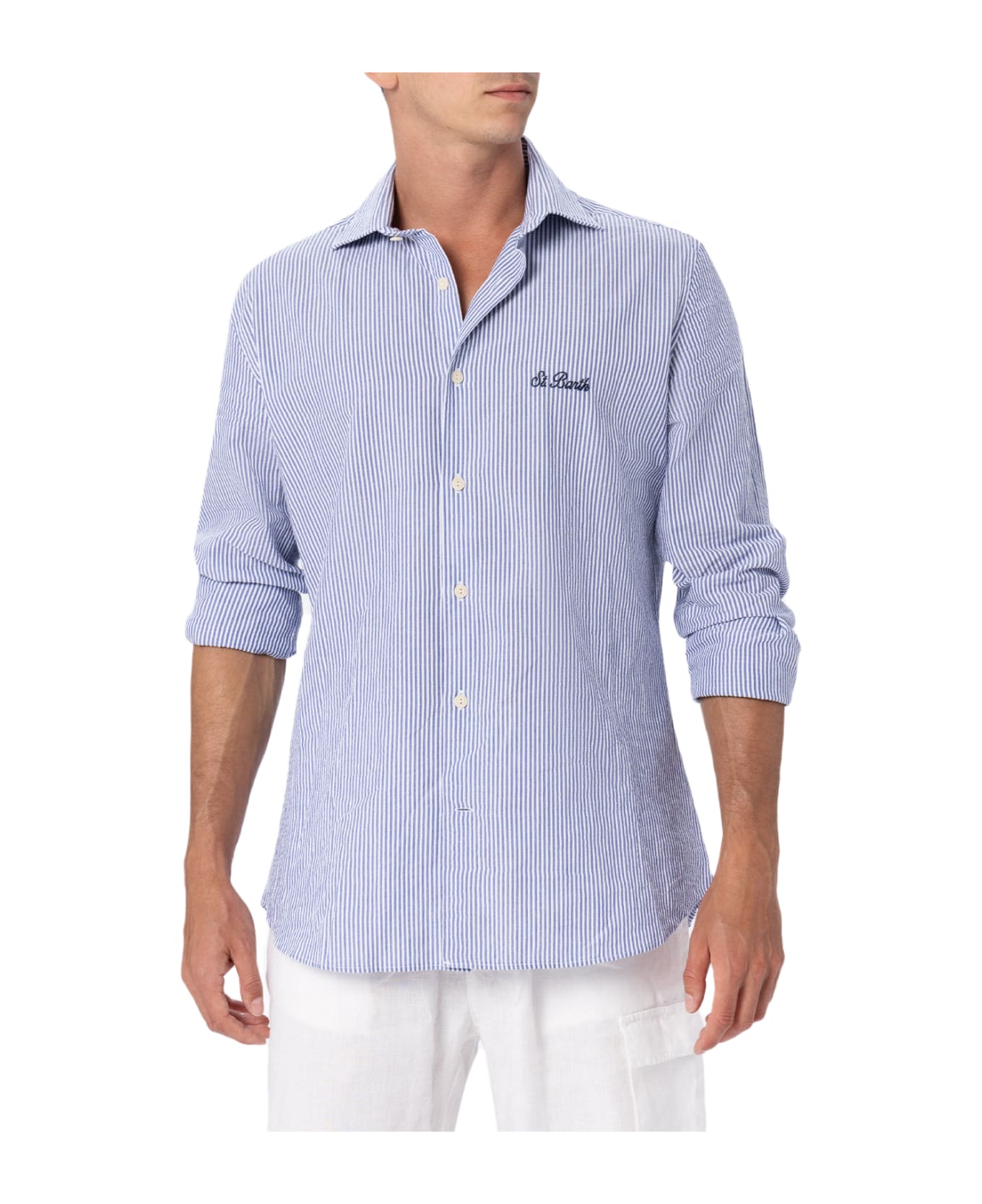 MC2 Saint Barth Man Seersucker Cotton Shirt Pamplona With Bluette Stripes - SKY