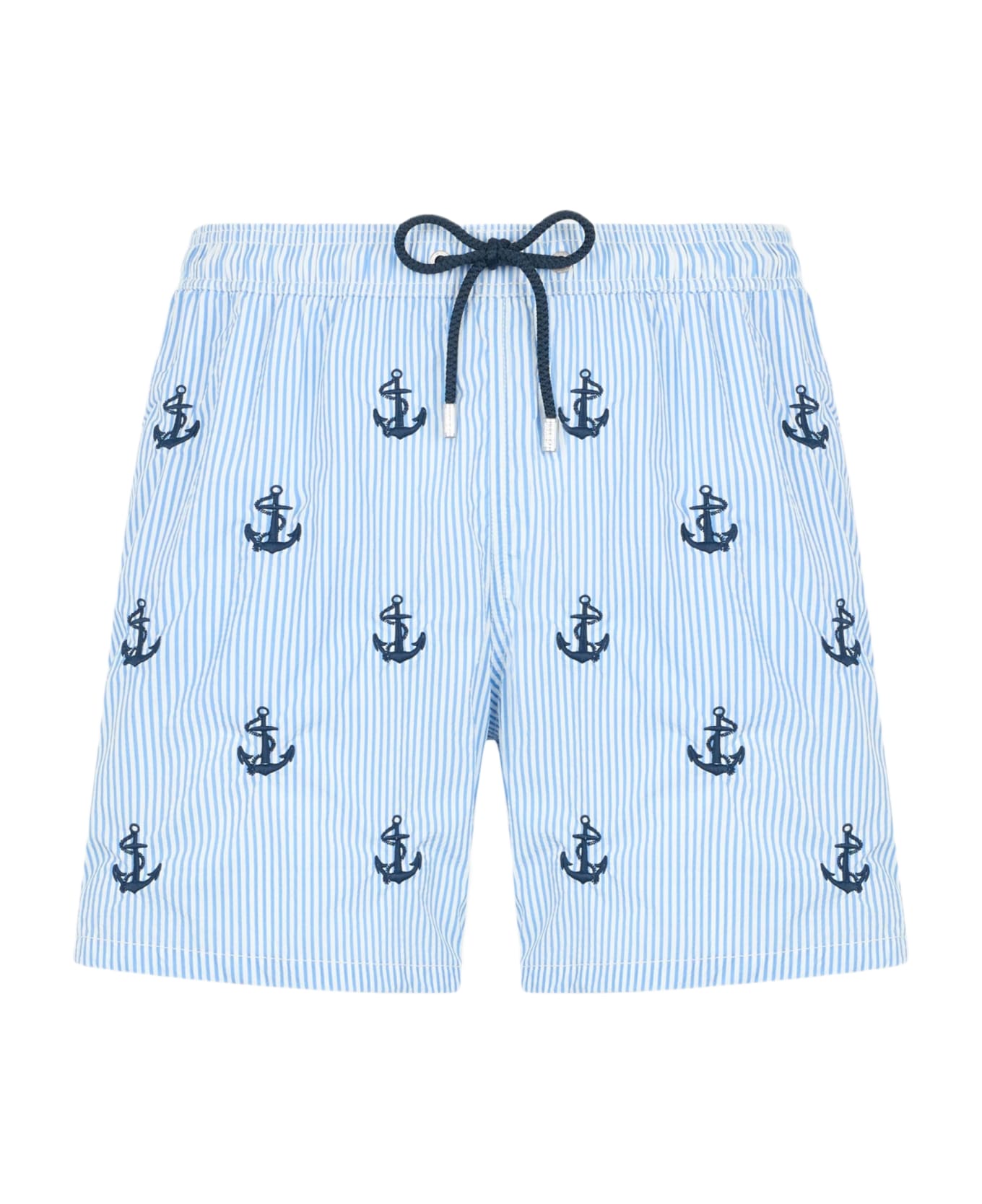 MC2 Saint Barth Man Mid-length Seersucker Gustavia Swim Shorts With Anchors Embroidery - SKY