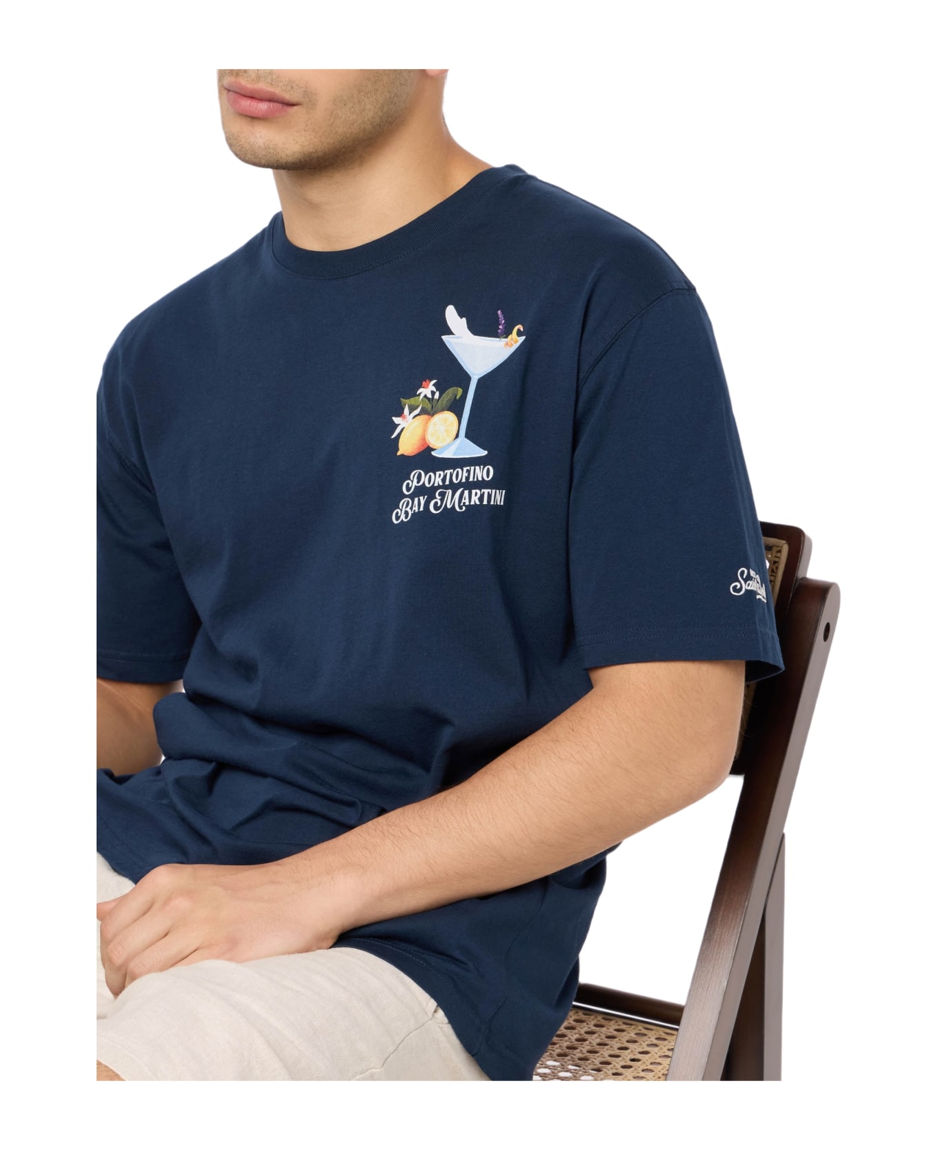 MC2 Saint Barth Man Cotton T-shirt With Portofino Bay Martini Placed Print | Portofino Dry Gin Special Edition - BLUE