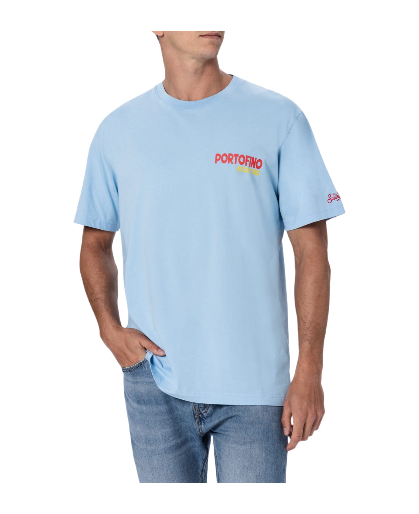 MC2 Saint Barth Man Cotton T-shirt With Portofino Addicted Postcard Placed Print - SKY