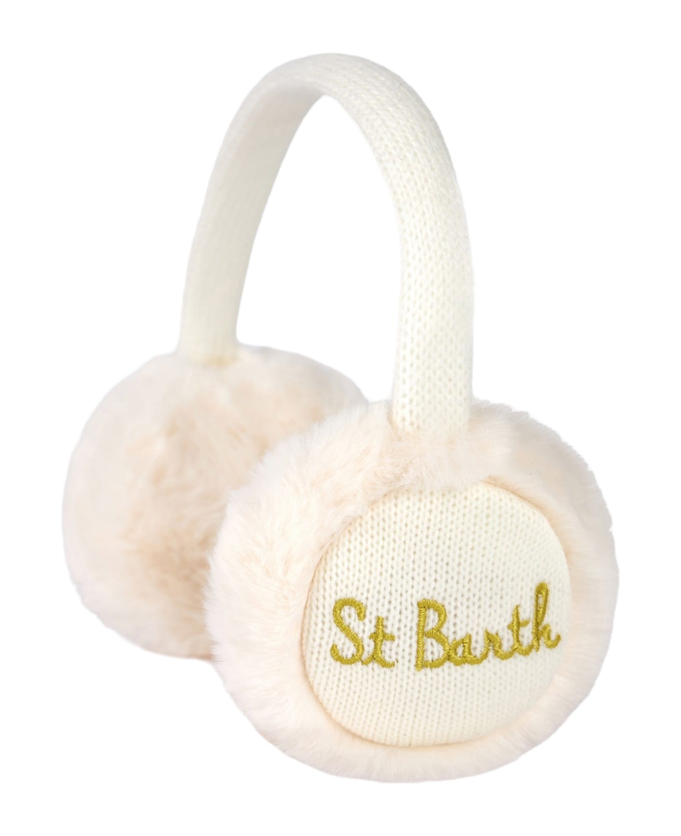 MC2 Saint Barth Woman White Tricot Earmuffs With Furry Details - WHITE