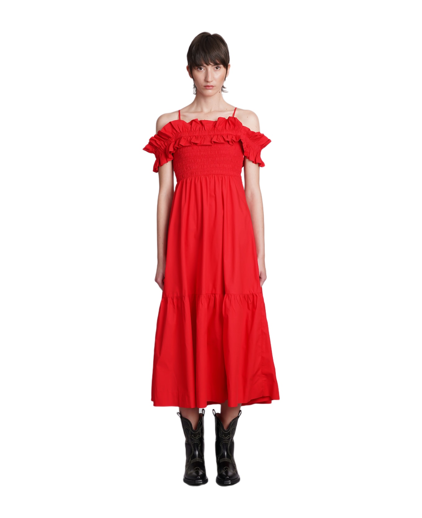 Ganni Cotton Poplin Long Smock Dress - Racing Red
