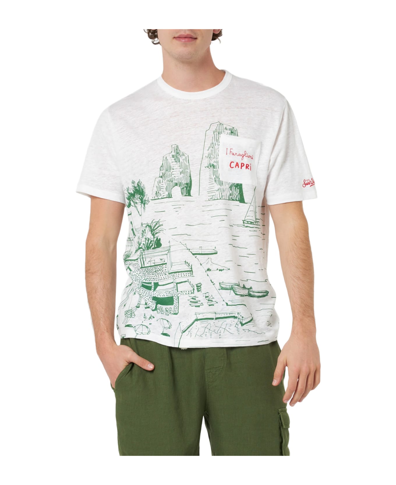 MC2 Saint Barth Man Linen Jersey T-shirt Ecstasea With Capri Placed Print And Embroidered Pocket - WHITE